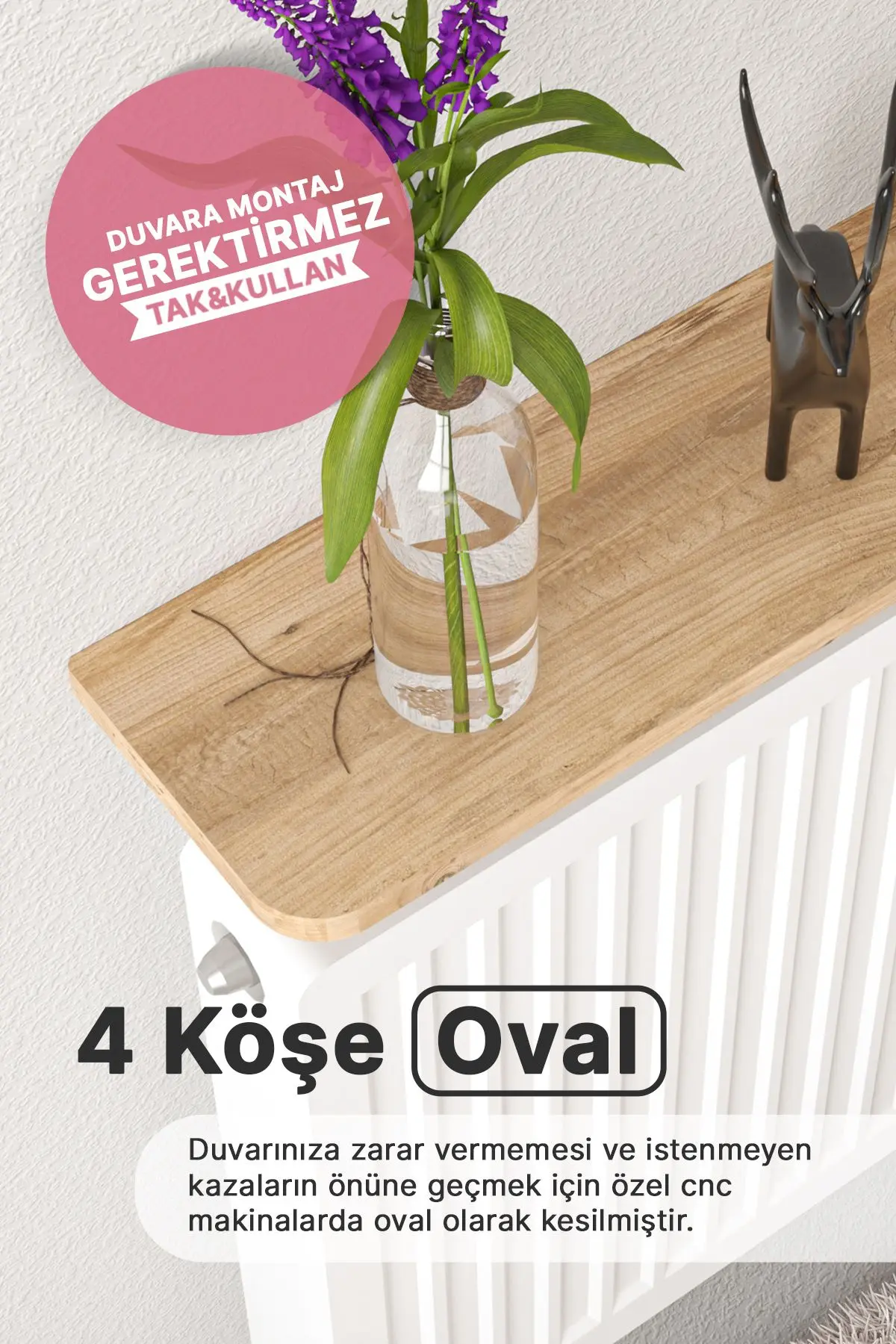 Riv Petek Üstü Uçan Raf Dresuar Kalorifer Peteği Rafı 120 X 18 Cm Atlantik Çam Oval Kesim