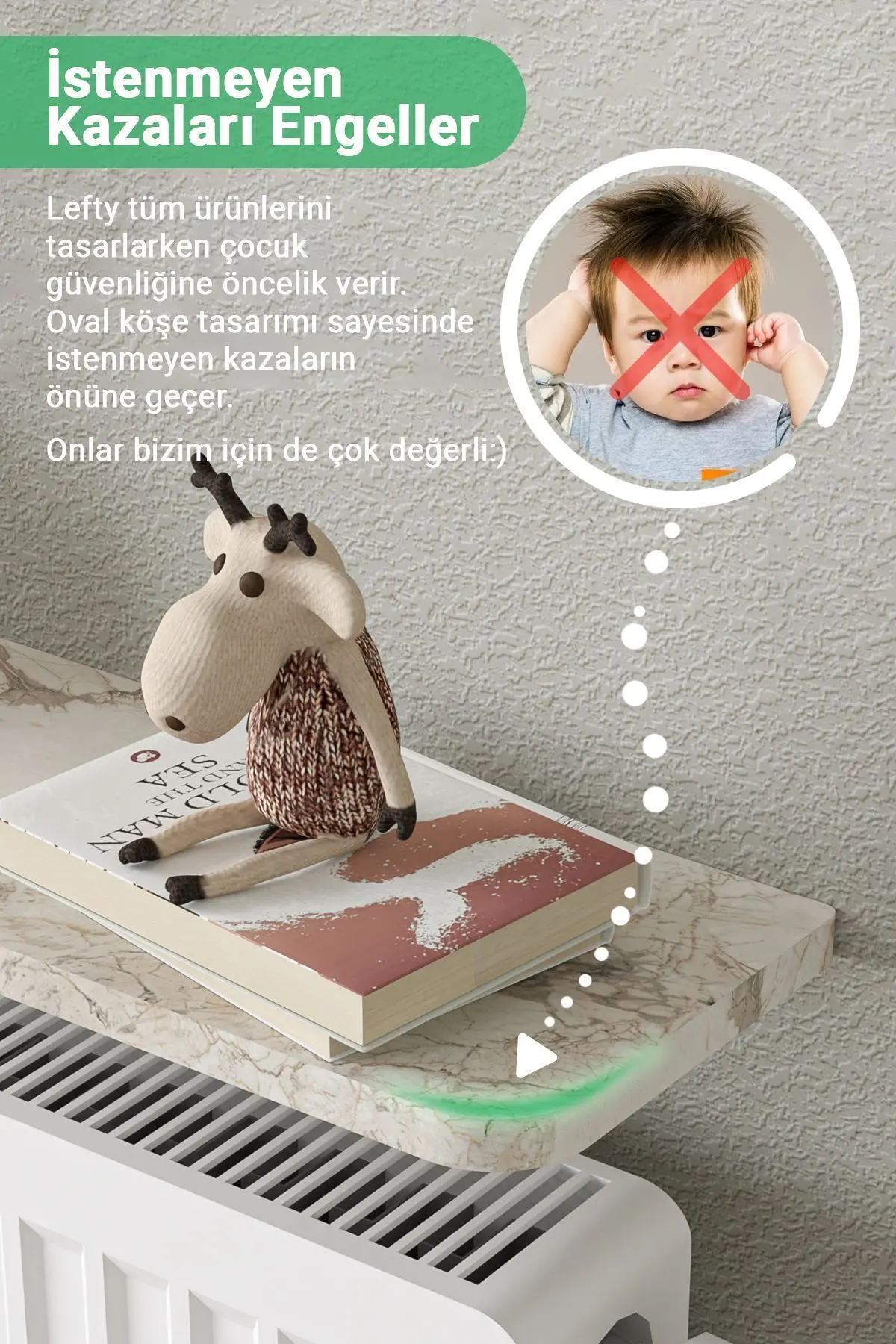 Riv Petek Üstü Uçan Raf Dresuar Kalorifer Peteği Rafı 120 X 18 Cm Efes Gri Mermer Oval Kesim