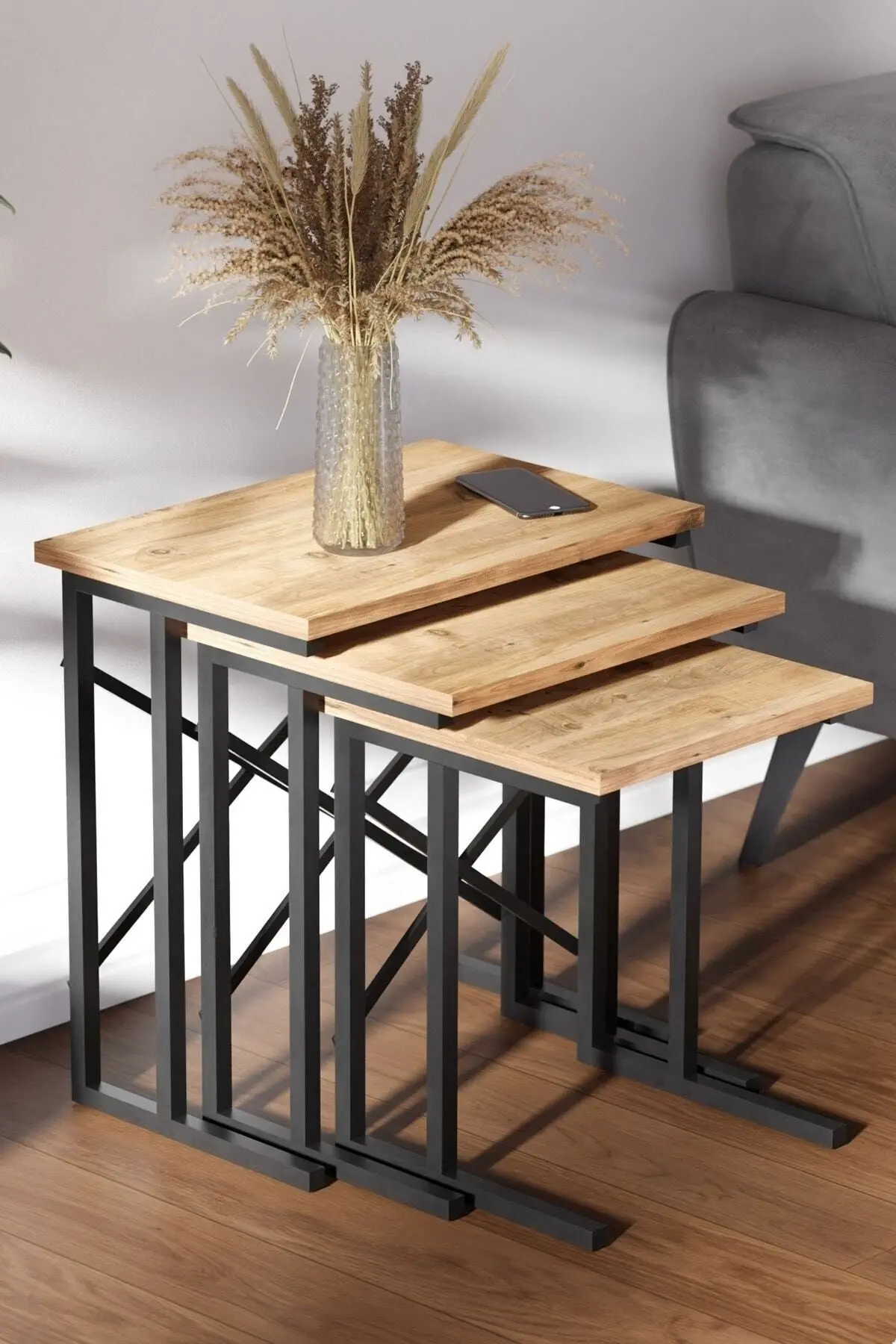 Ceramical Metal Ayaklı X Zigon Sehpa - Atlantik Çam