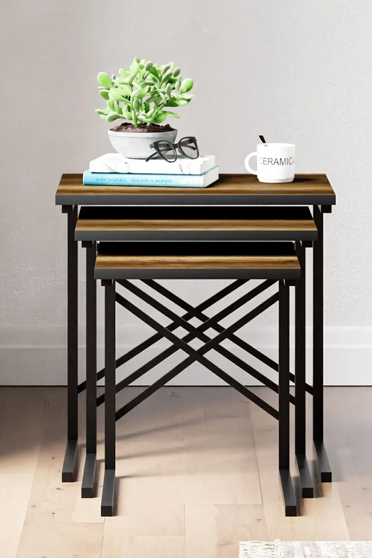 Zg1 3lü Zigon Sehpa, Metal Sehpa - Ceviz