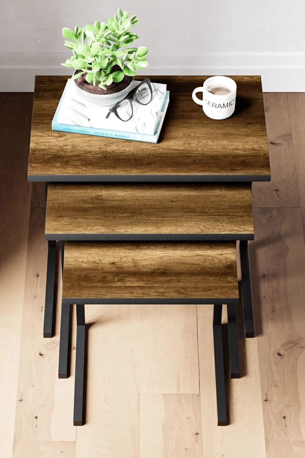 Zg1 3lü Zigon Sehpa, Metal Sehpa - Ceviz