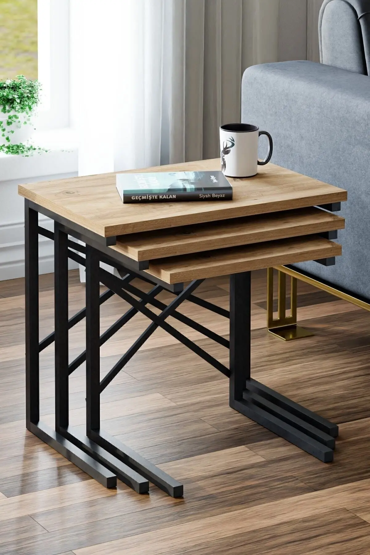 Ceramical Zg1 3 lü Zigon Sehpa Metal Sehpa  Atlantik Çam