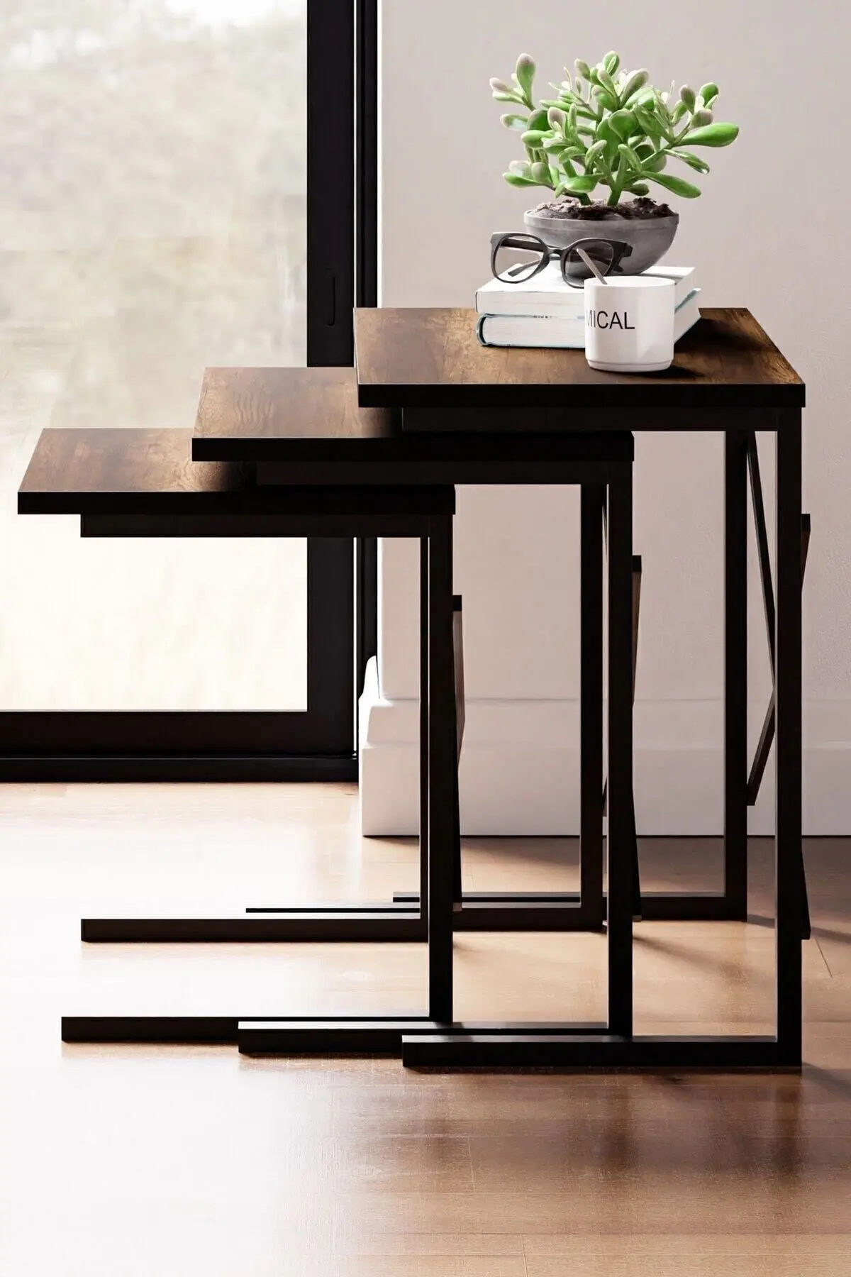 Zg1 3lü Zigon Sehpa, Metal Sehpa - Ceviz