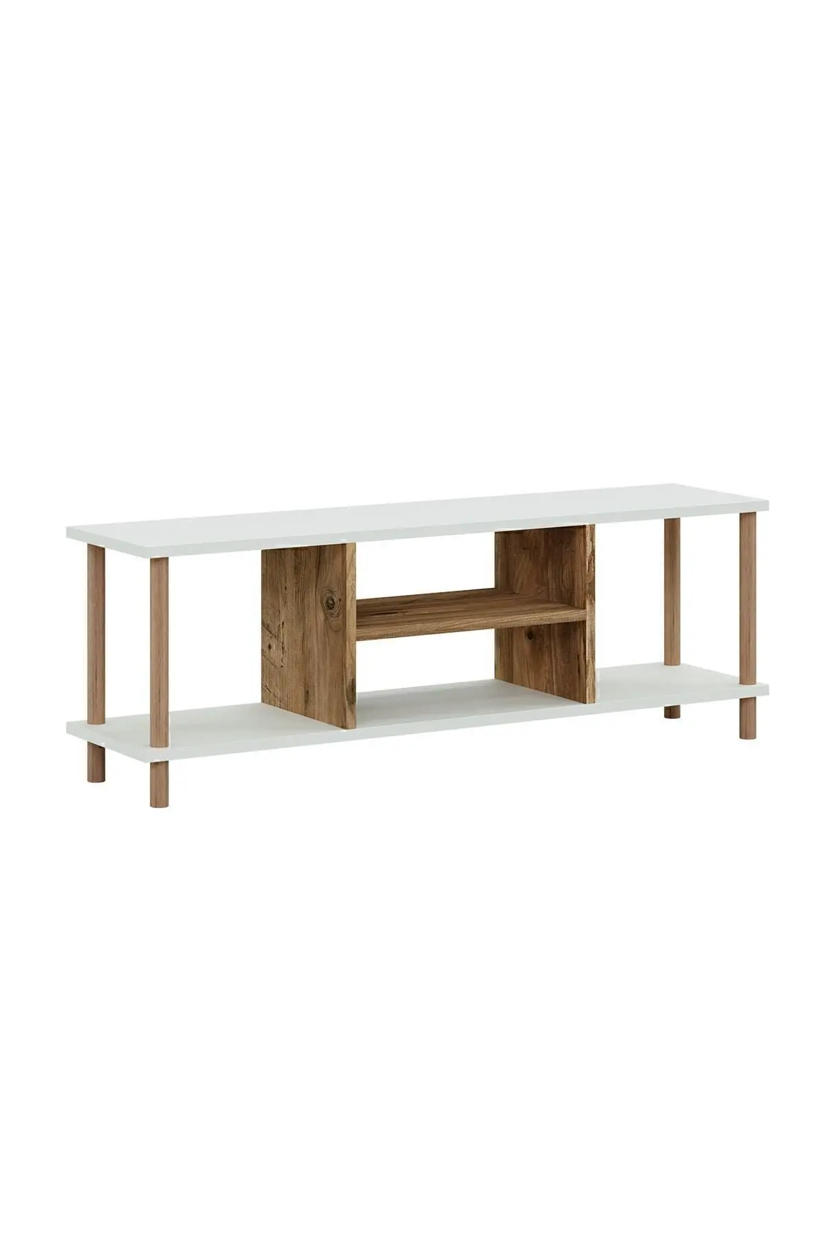 Tv Sehpası Raflı Tv Ünitesi Televizyon Sehpası Ahşap Ayaklı Beyaz - Çam Raflı