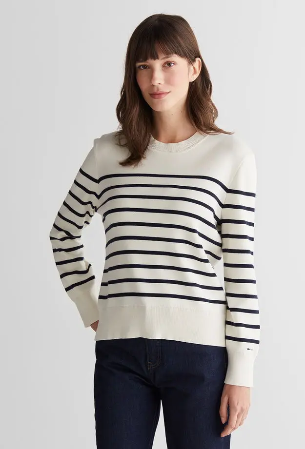 GANT Kadın Krem Regular Fit Bisiklet Yaka Çizgili Kazak