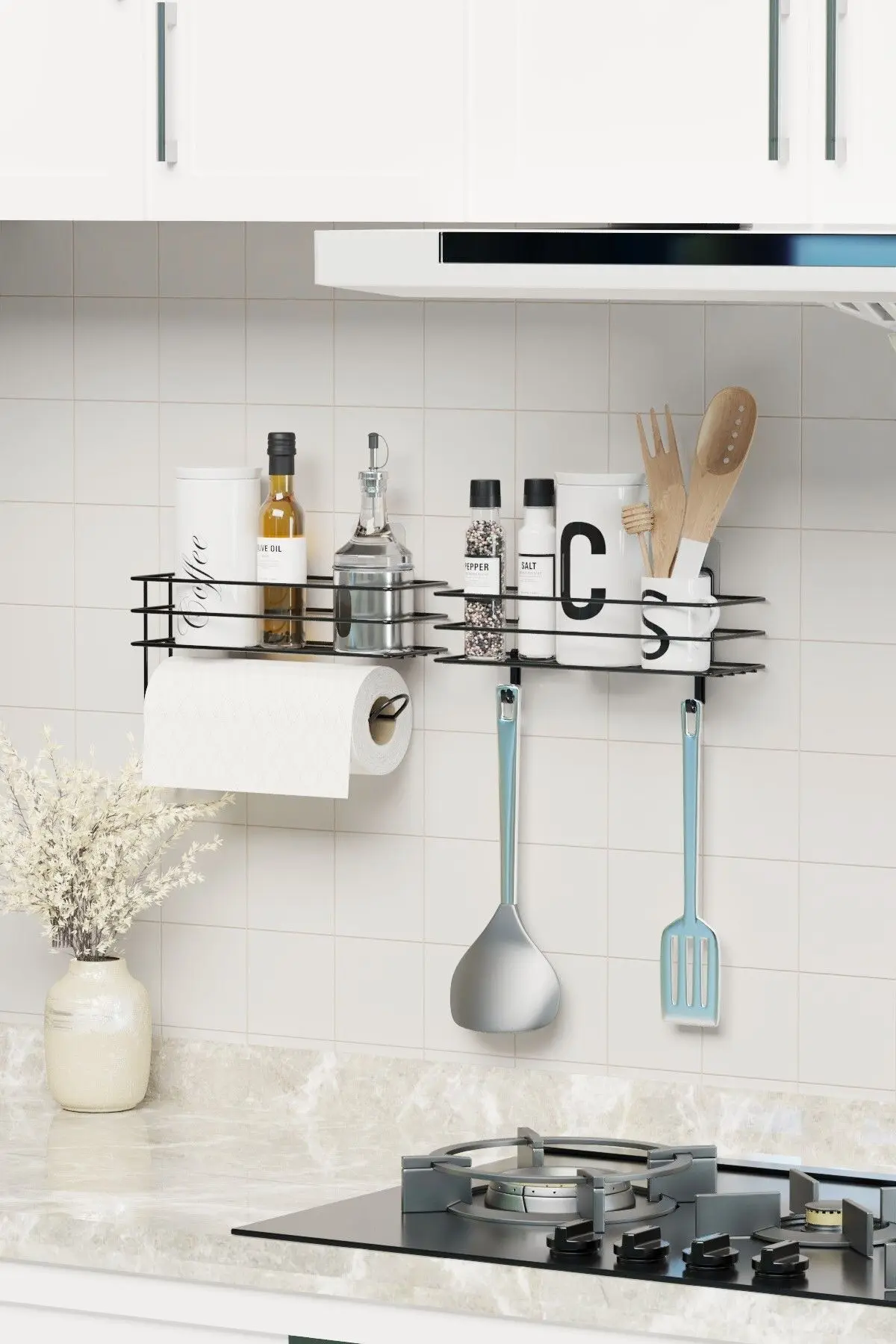 Yapışkanlı Mutfak Rafı 2 li Set Kağıt Havlu Askılı Mutfak Düzenleyici Siyah Organizer