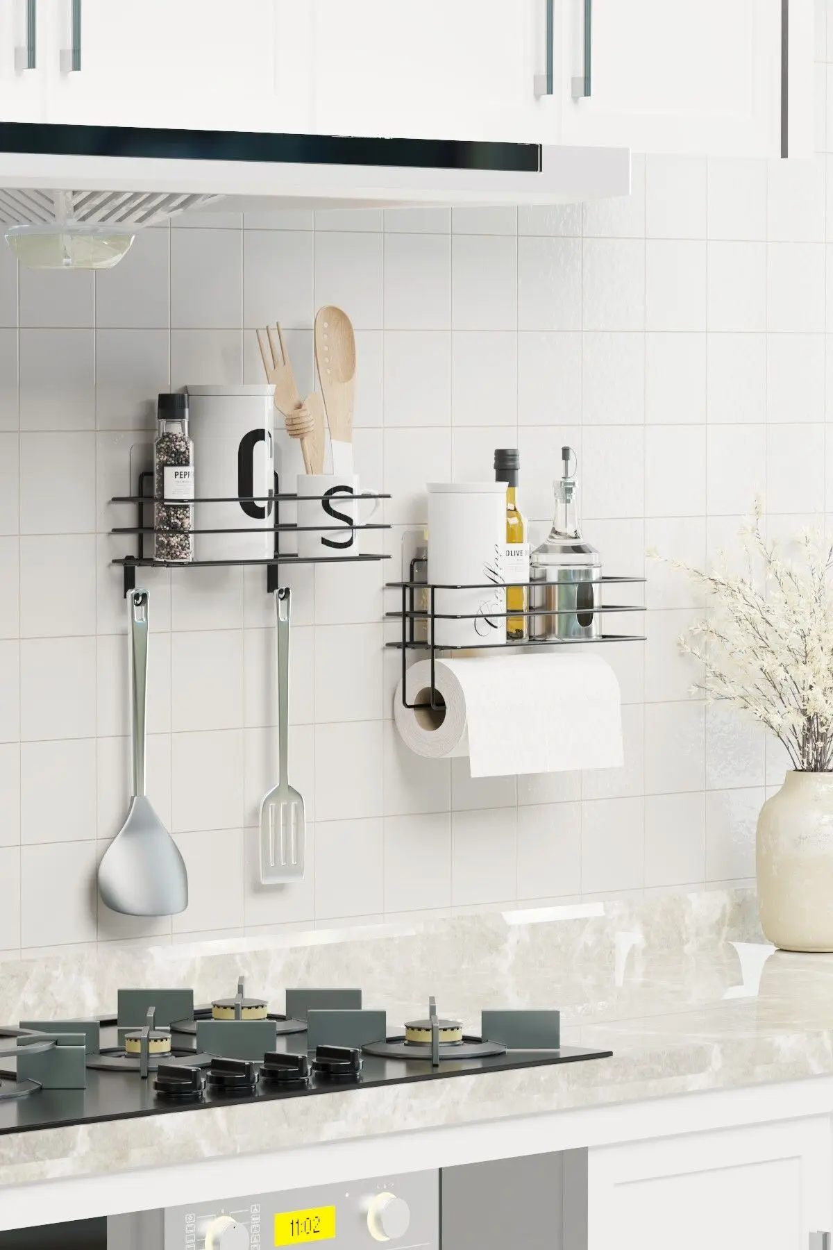 Yapışkanlı Mutfak Rafı 2 li Set Kağıt Havlu Askılı Mutfak Düzenleyici Siyah Organizer