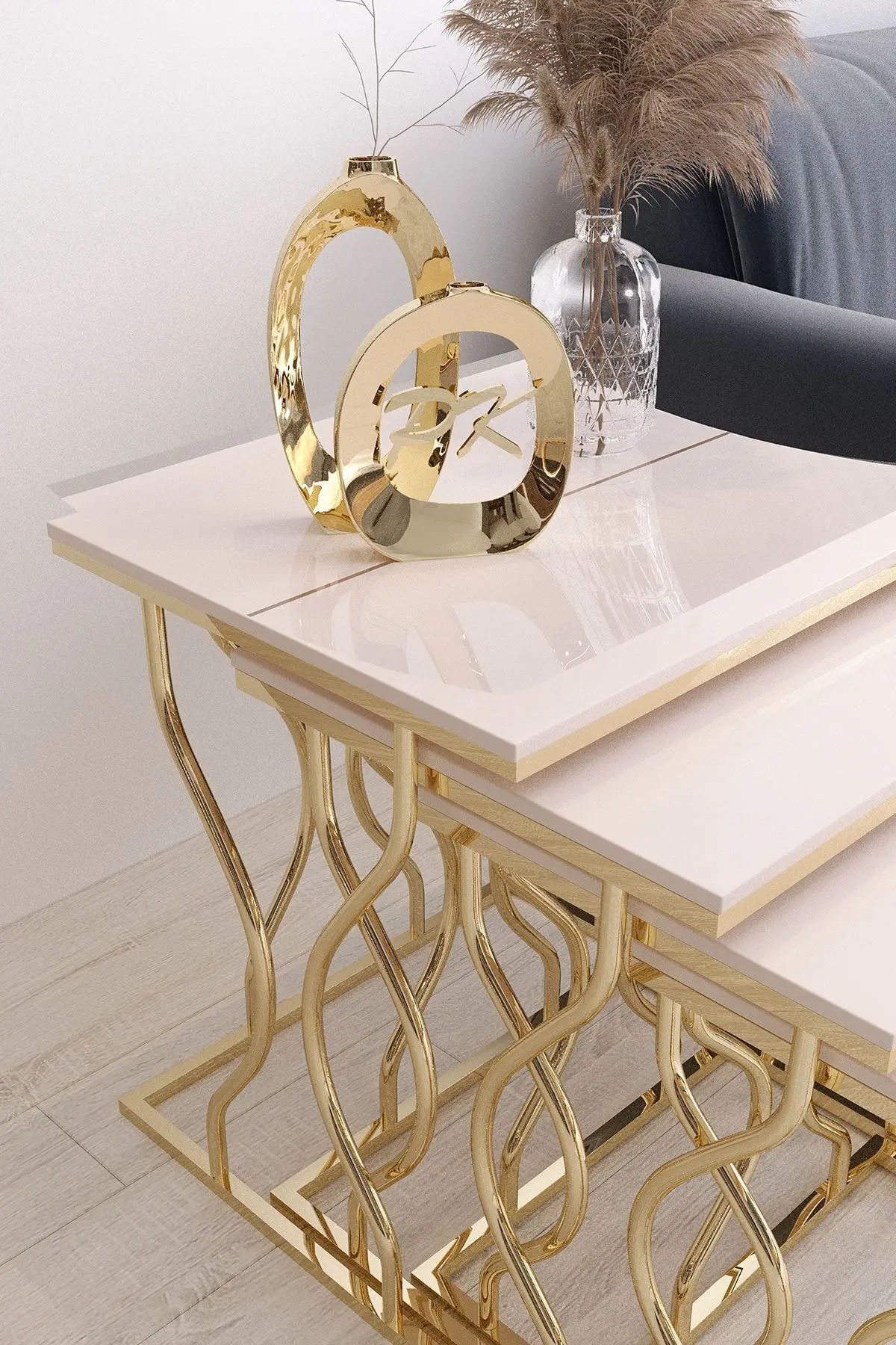 Hayal 4'lü Kare Zigon Sehpa Seti Gold Ayak, Krem Mdf