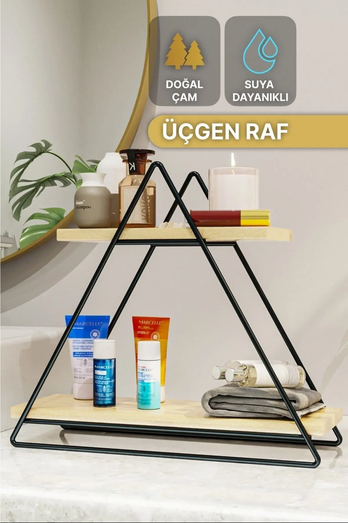 Duvar Rafı Üçgen Masa Servis Rafı Dekoratif Raf Mutfak Banyo Düzenleyici Organizer Doğal Ahşap