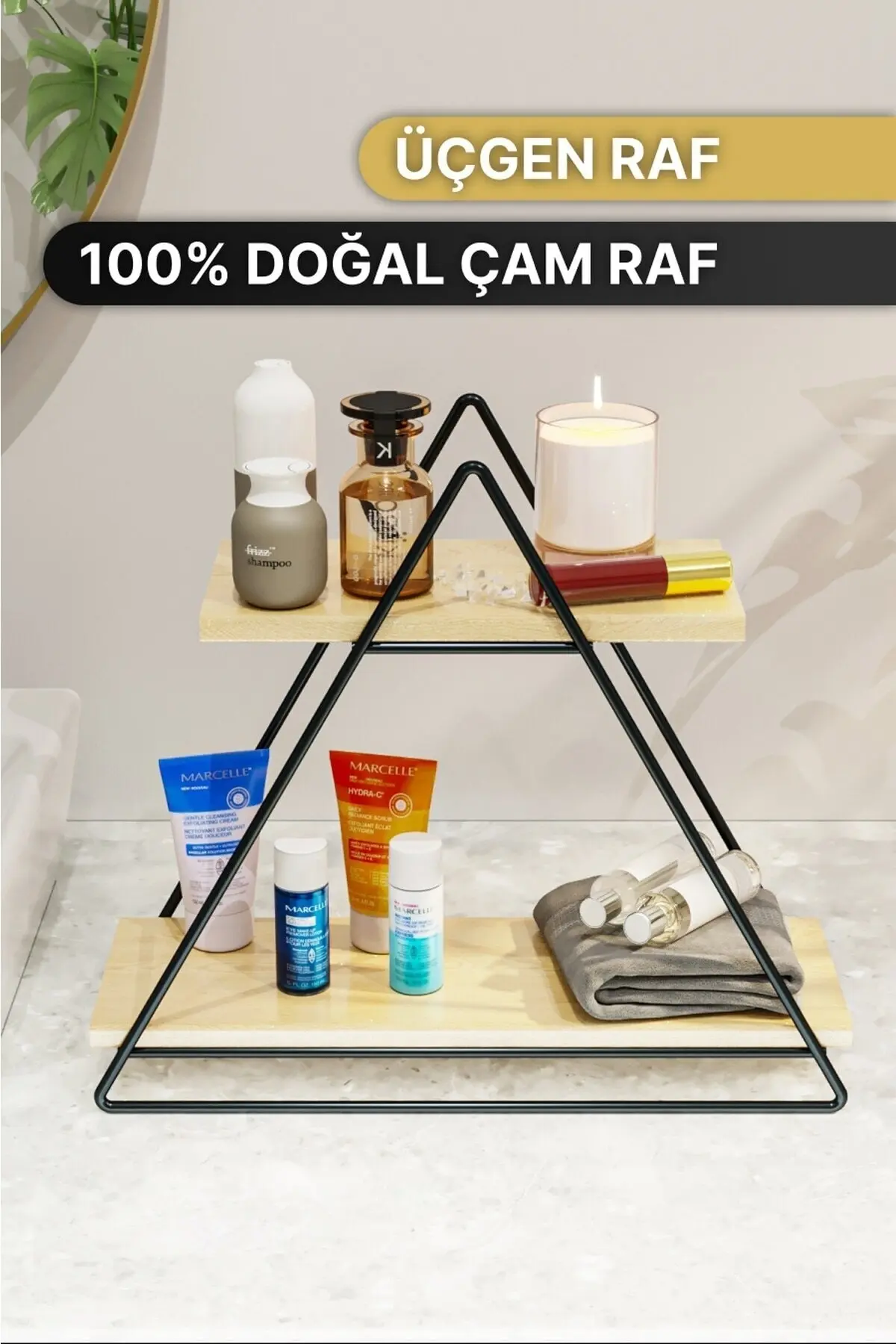 Bino Duvar Rafı Üçgen Masa Servis Rafı Dekoratif Raf Mutfak Banyo Düzenleyici Organizer Doğal Ahşap