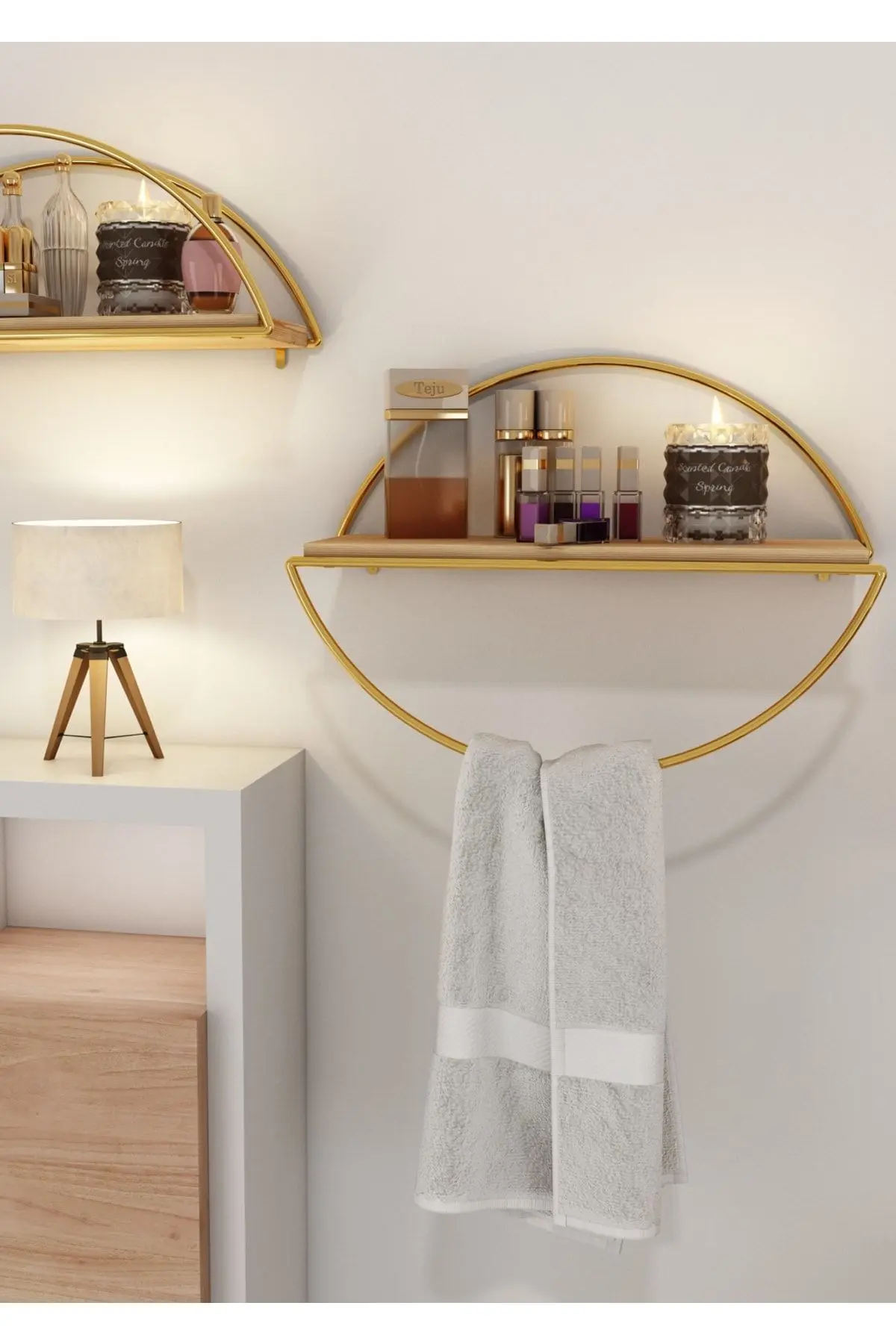 Bino Duvar Rafı Dekoratif Mutfak Banyo Altın Elips Kitaplık 3 Lü Set