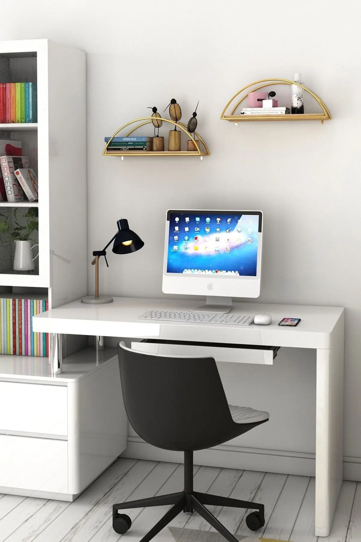 Duvar Rafı Dekoratif Mutfak Banyo Altın Elips Kitaplık 3 Lü Set