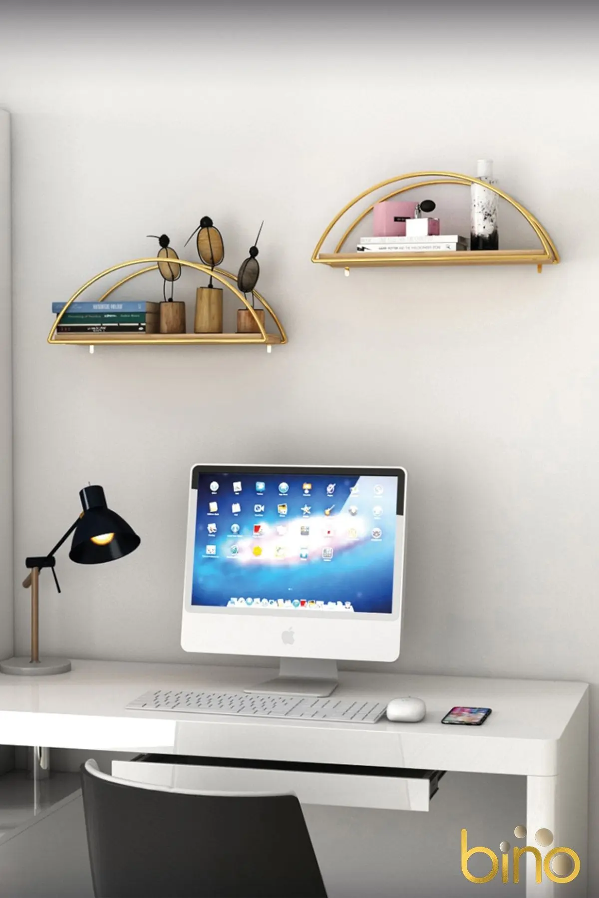 Duvar Rafı Dekoratif Mutfak Banyo Altın Elips Kitaplık 2li Set
