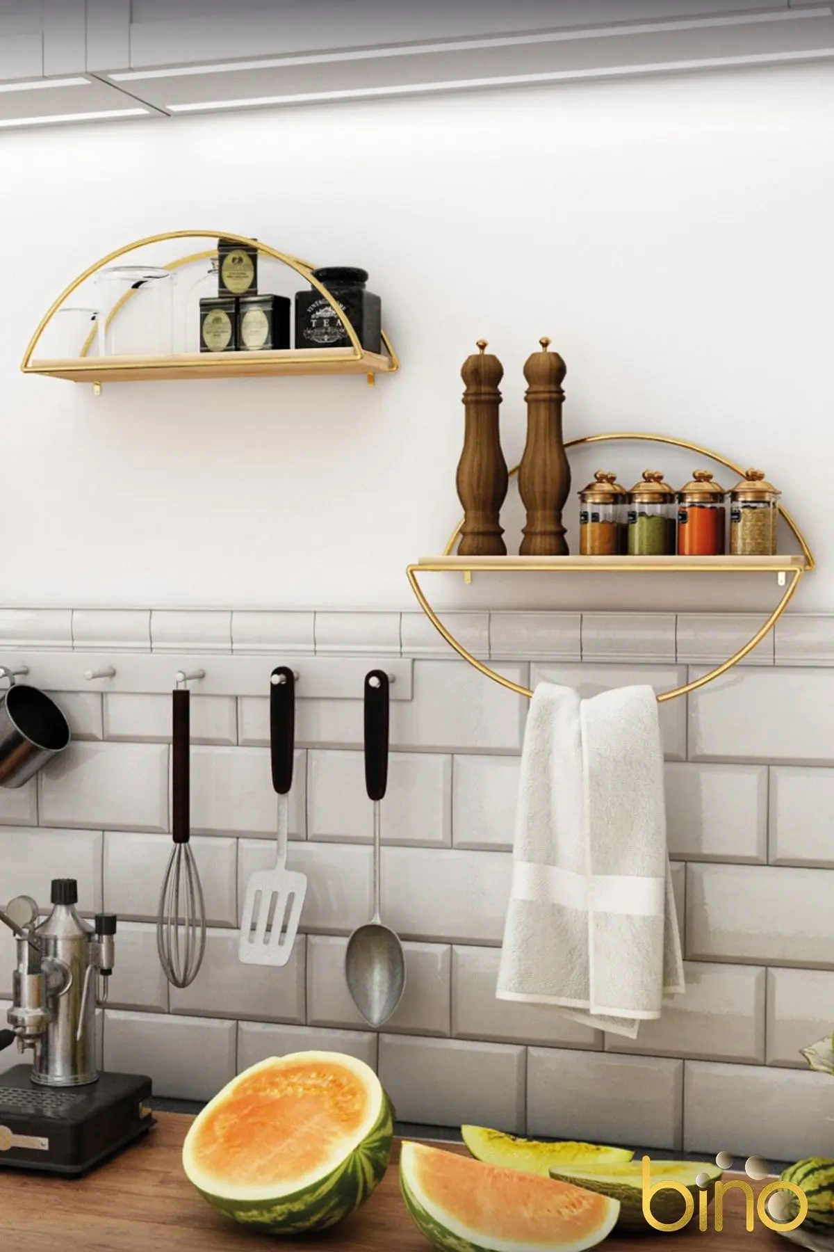 Bino Duvar Rafı Dekoratif Mutfak Banyo Altın Elips Kitaplık 2li Set