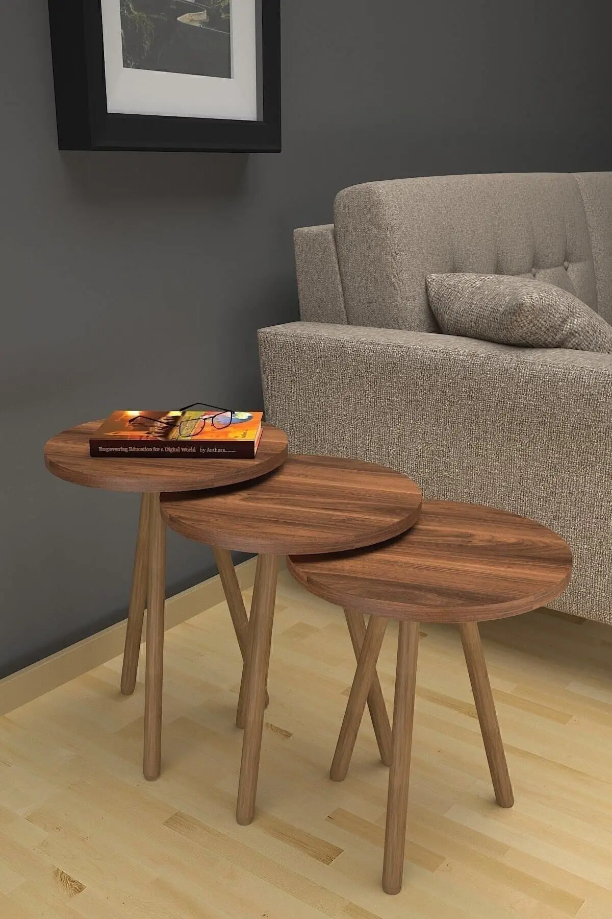 Zigon Sehpa Ahşap Ayaklı Ceviz 3'lü Yuvarlak