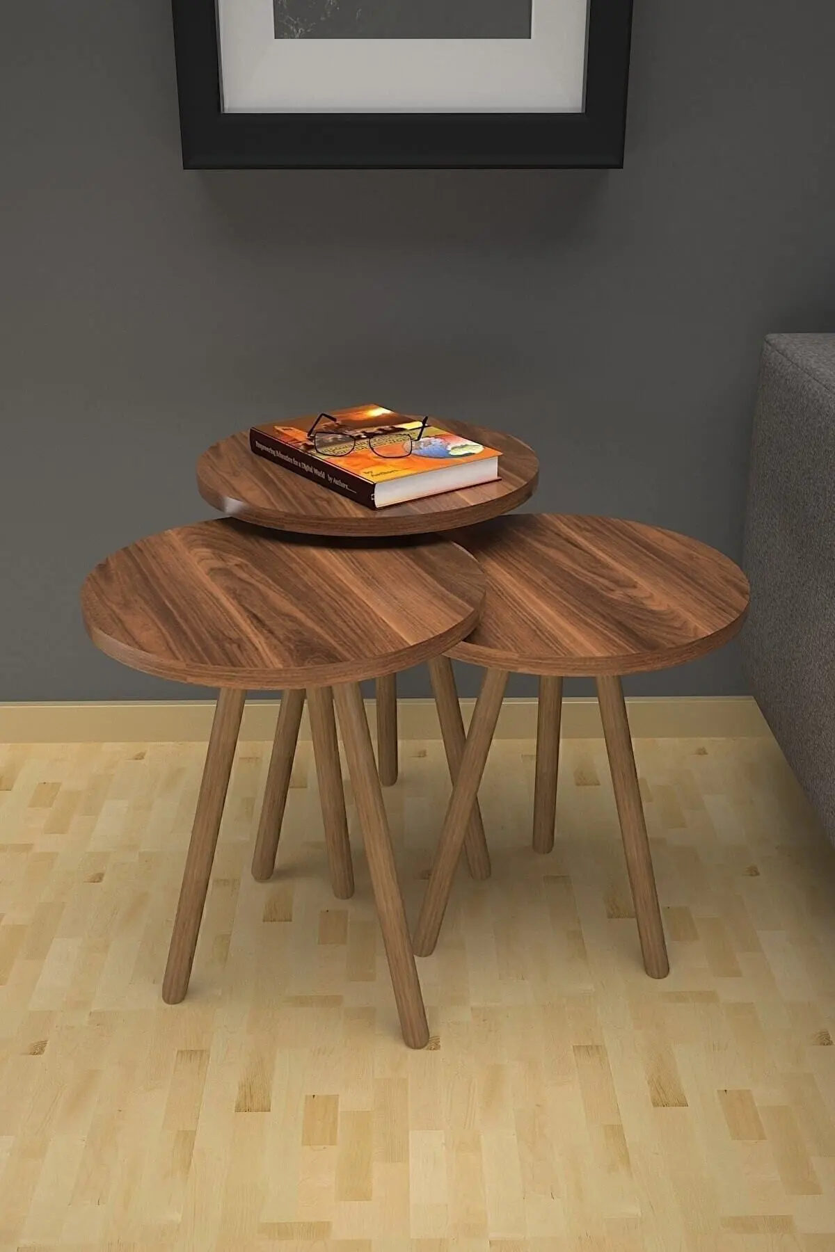 Zigon Sehpa Ahşap Ayaklı Ceviz 3'lü Yuvarlak