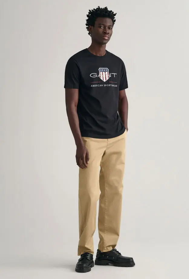 GANT Erkek Siyah Regular Fit Bisiklet Yaka Logolu T-Shirt