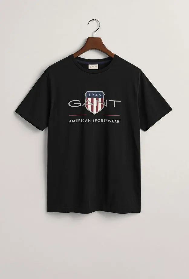 GANT Erkek Siyah Regular Fit Bisiklet Yaka Logolu T-Shirt