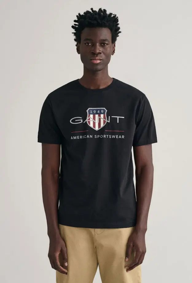 GANT GANT Erkek Siyah Regular Fit Bisiklet Yaka Logolu T-Shirt