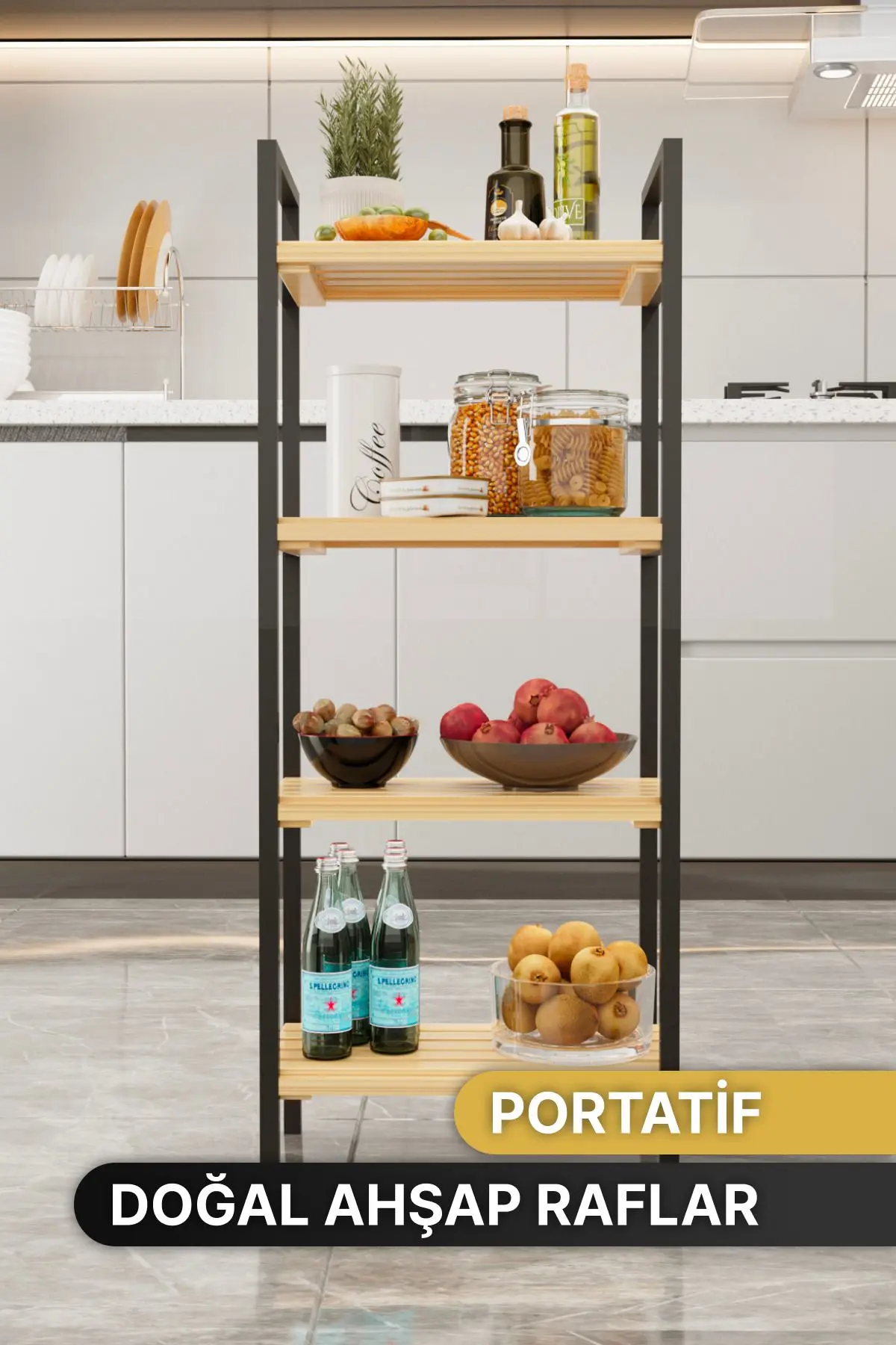 Mutfak Banyo Dolabı Rafı Çok Amaçlı Organizer Raflar Ahşap Raflı Metal Ayakkabılık 4 Katlı