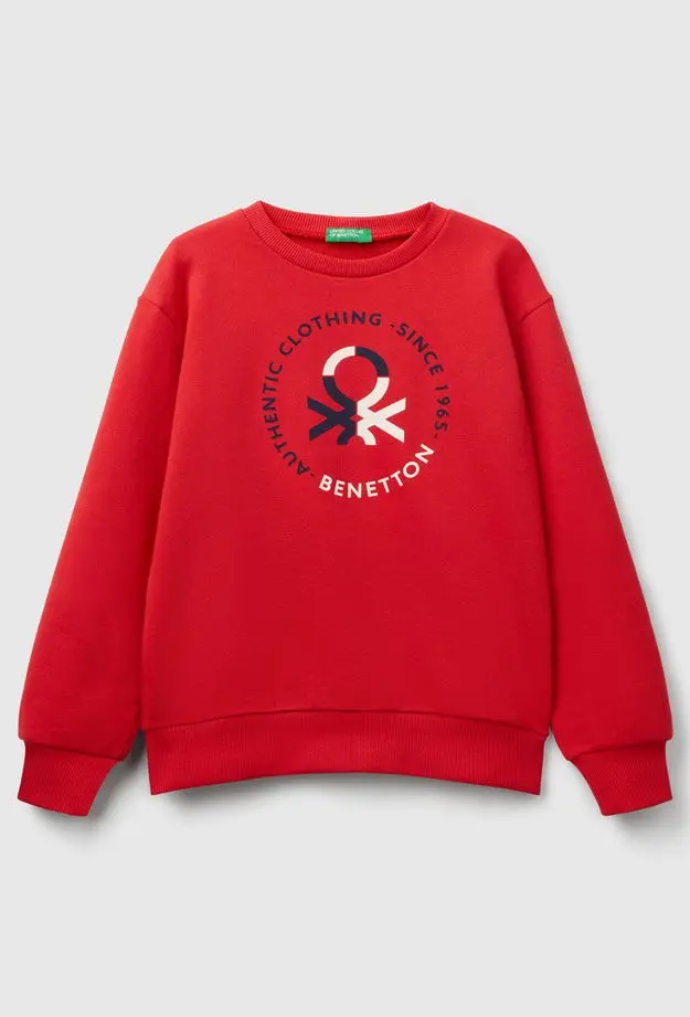 United Colors of Benetton Erkek Çocuk Kırmızı Benetton Logo Baskılı Bisiklet Yaka Sweatshirt