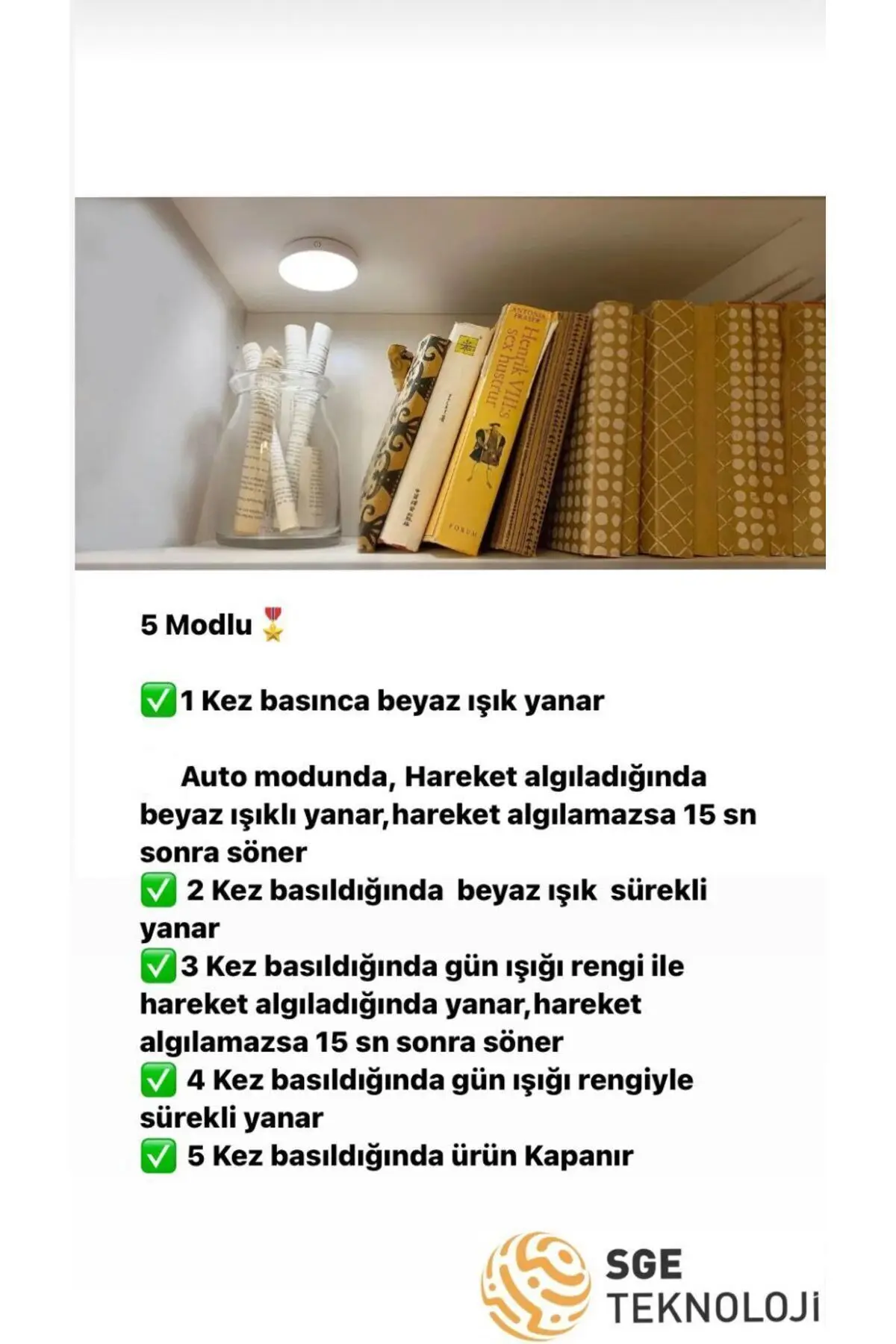 Hareket Sensörlü 16 Ledli Şarjlı 2 Renk Beyaz Ve Gün Işığı Led Auto Mod Dolap Içi, Koridor Type-c