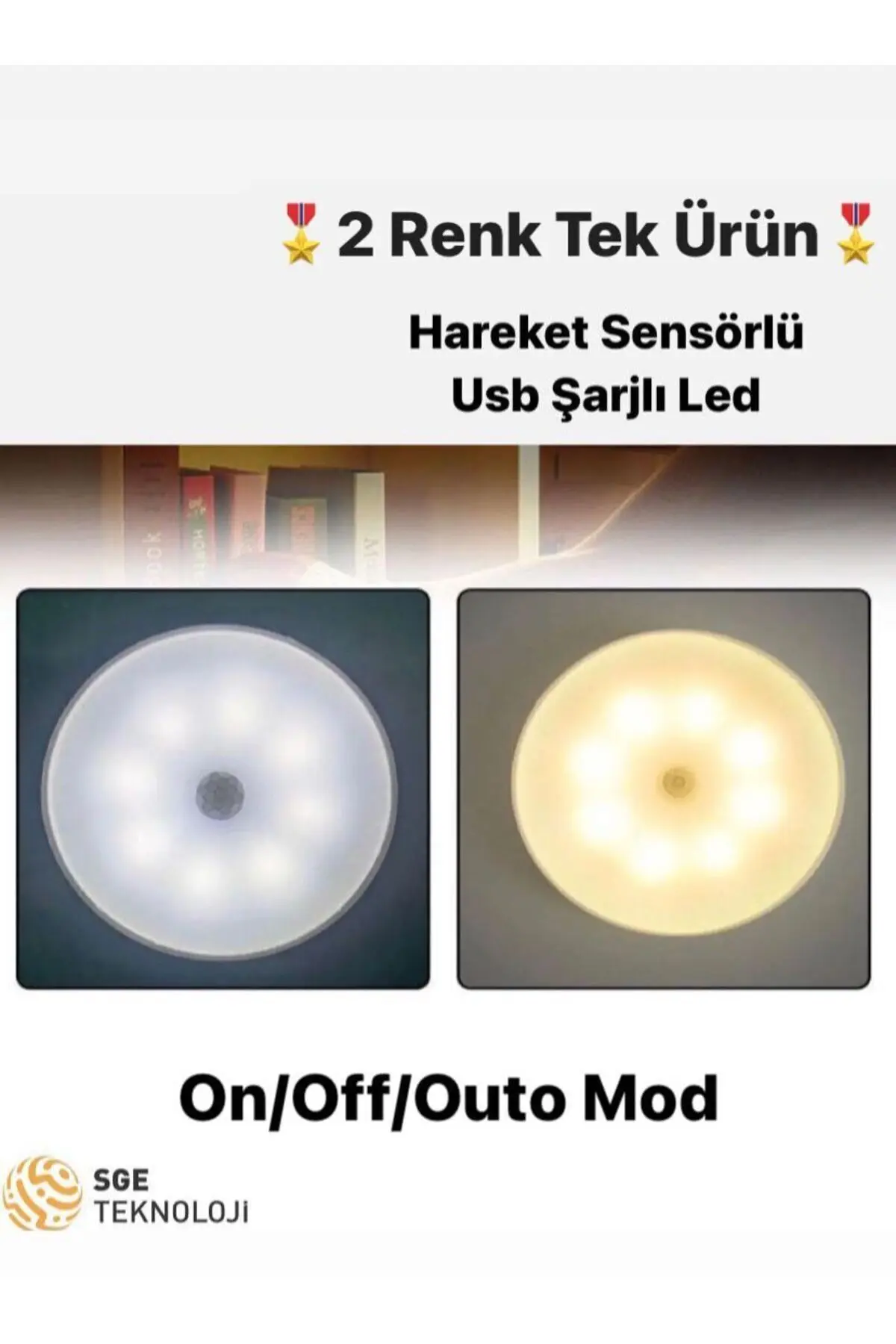 SGE TEKNOLOJİ Hareket Sensörlü 16 Ledli Şarjlı 2 Renk Beyaz Ve Gün Işığı Led Auto Mod Dolap Içi, Koridor Type-c