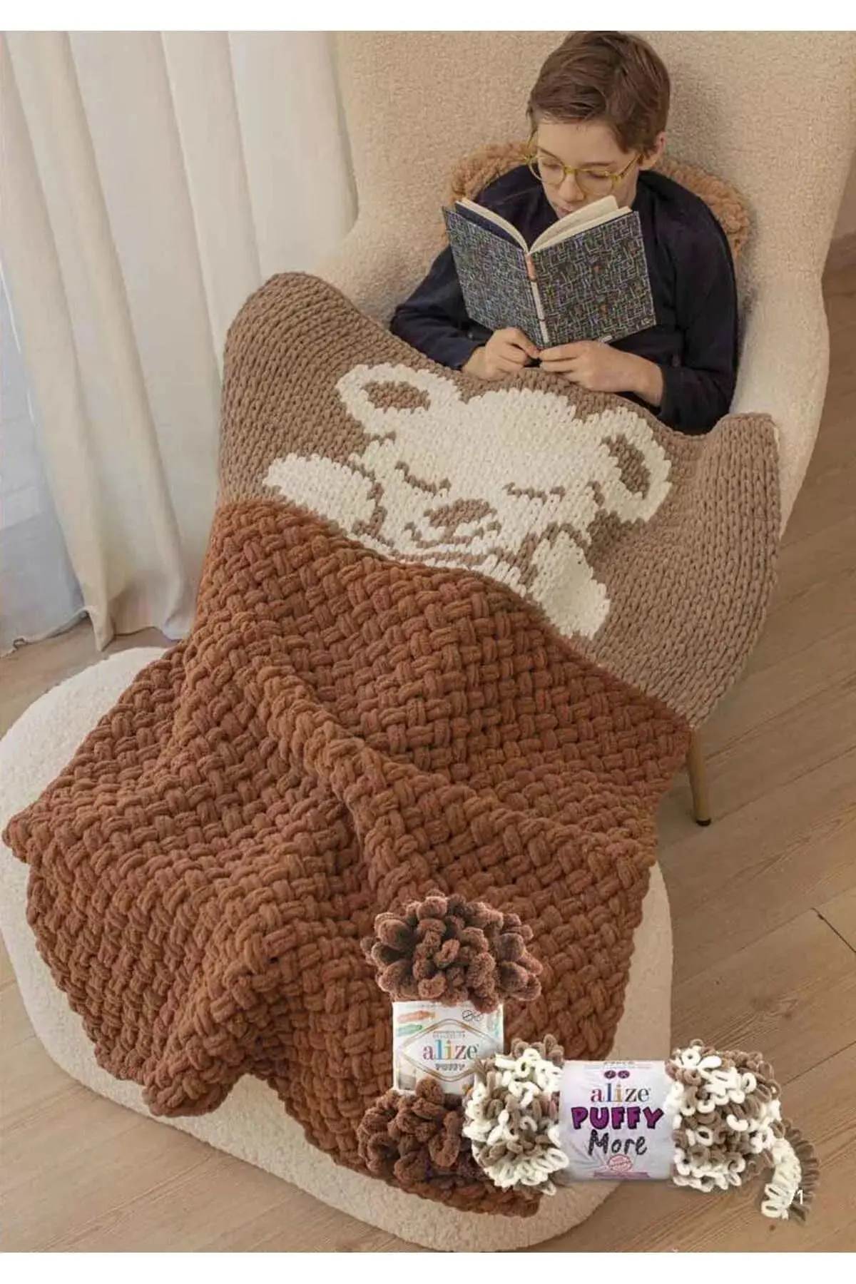 Puffy El Örgü Ipliği 5'li Paket - 599 Kemik - 100 Gr. 9 Mt. Parmak Örgü Ipi