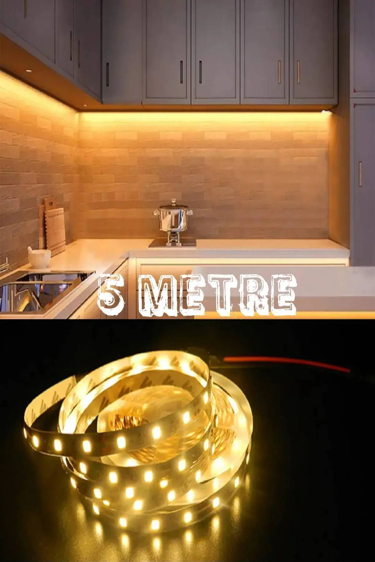 Sanctum Mutfak Dolabı Tezgah Üstü Için 5 Metre Gün Işığı Şerit Led Işık Adaptörlü Anahtarlı Tak Çalıştır