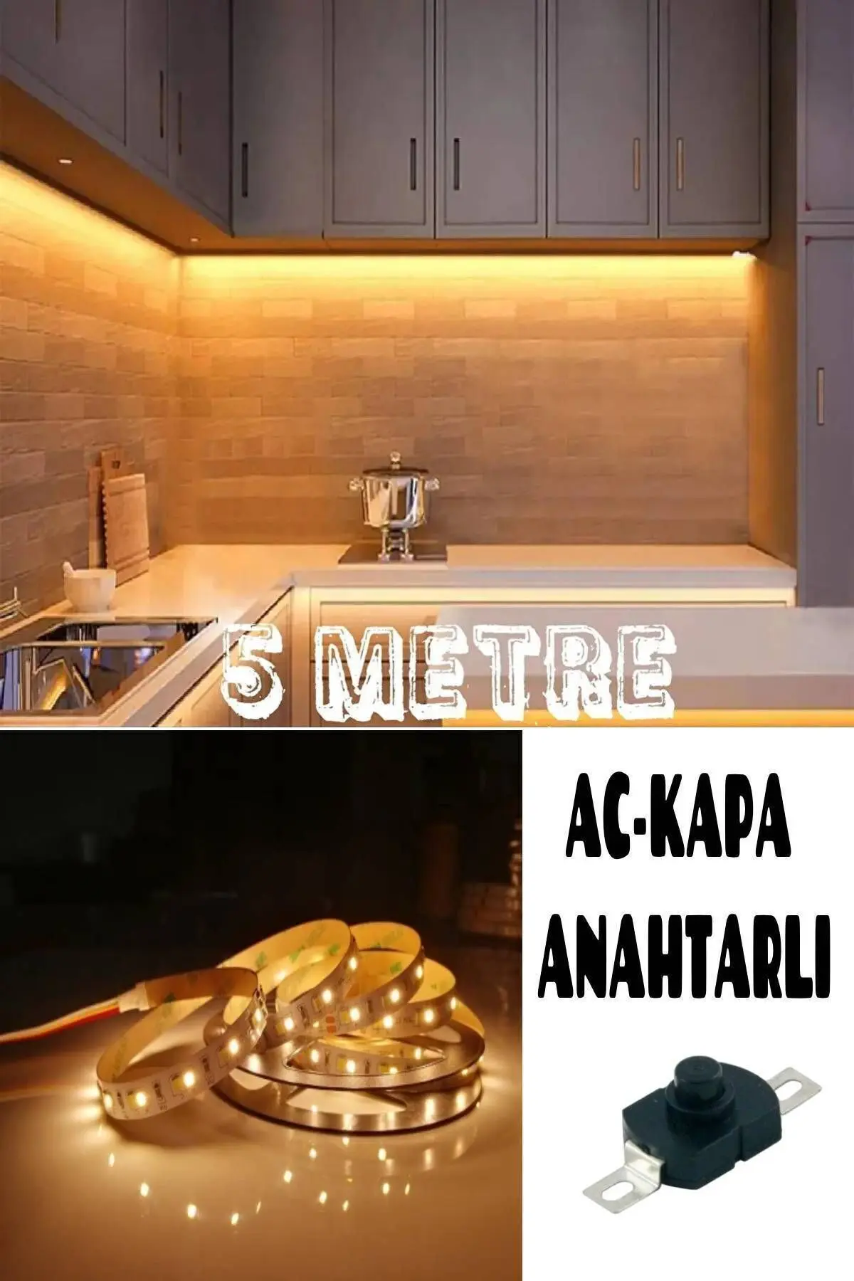 Mutfak Dolabı Tezgah Üstü Için 5 Metre Gün Işığı Şerit Led Işık Adaptörlü Anahtarlı Tak Çalıştır