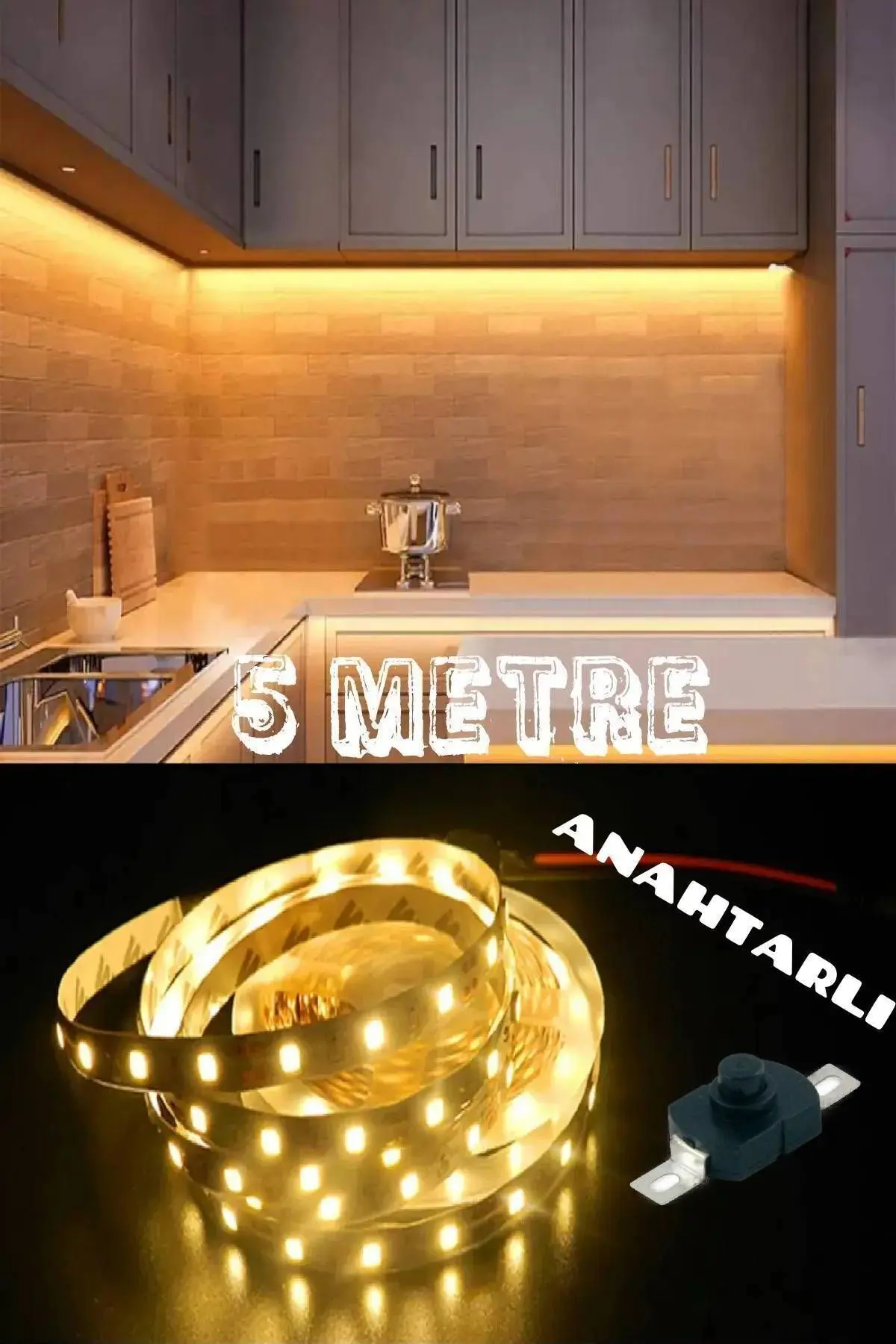 Mutfak Dolabı Tezgah Üstü Için 5 Metre Gün Işığı Şerit Led Işık Adaptörlü Anahtarlı Tak Çalıştır