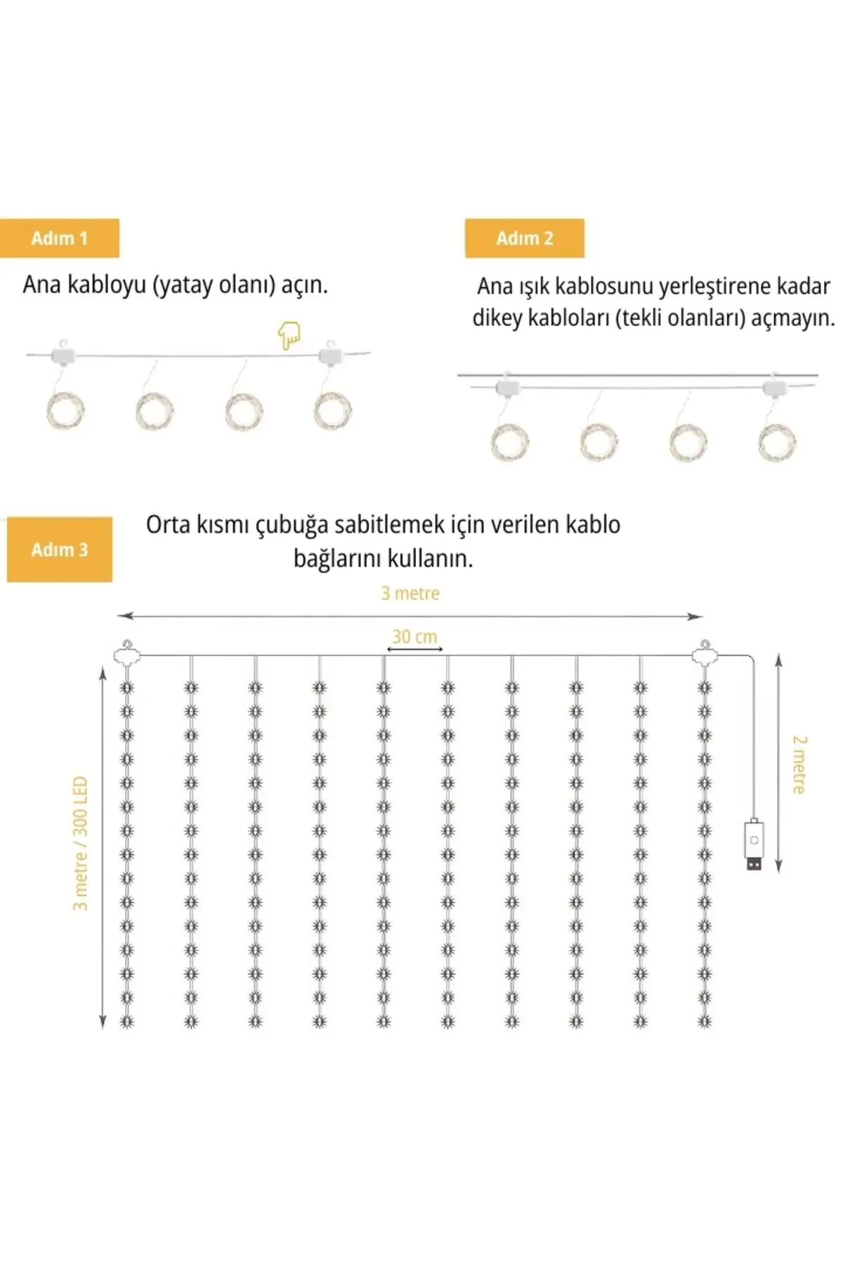 300 Ledli 10 Sarkıt Perde Led Işık-8 Fonksiyon, Uzaktan Kumandalı, 3x3 Metre