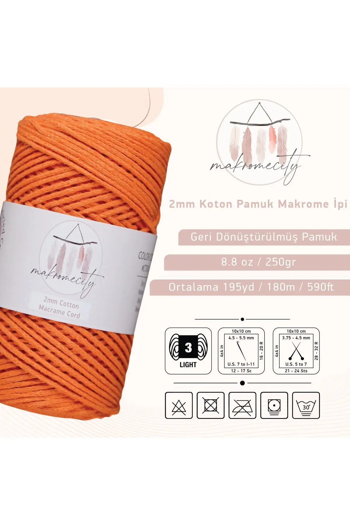 Premium Koton Pamuk Makrome İpi Turuncu 250 gr 185 metre 2mm Cotton Zincir Makrome Çanta İpi Supla