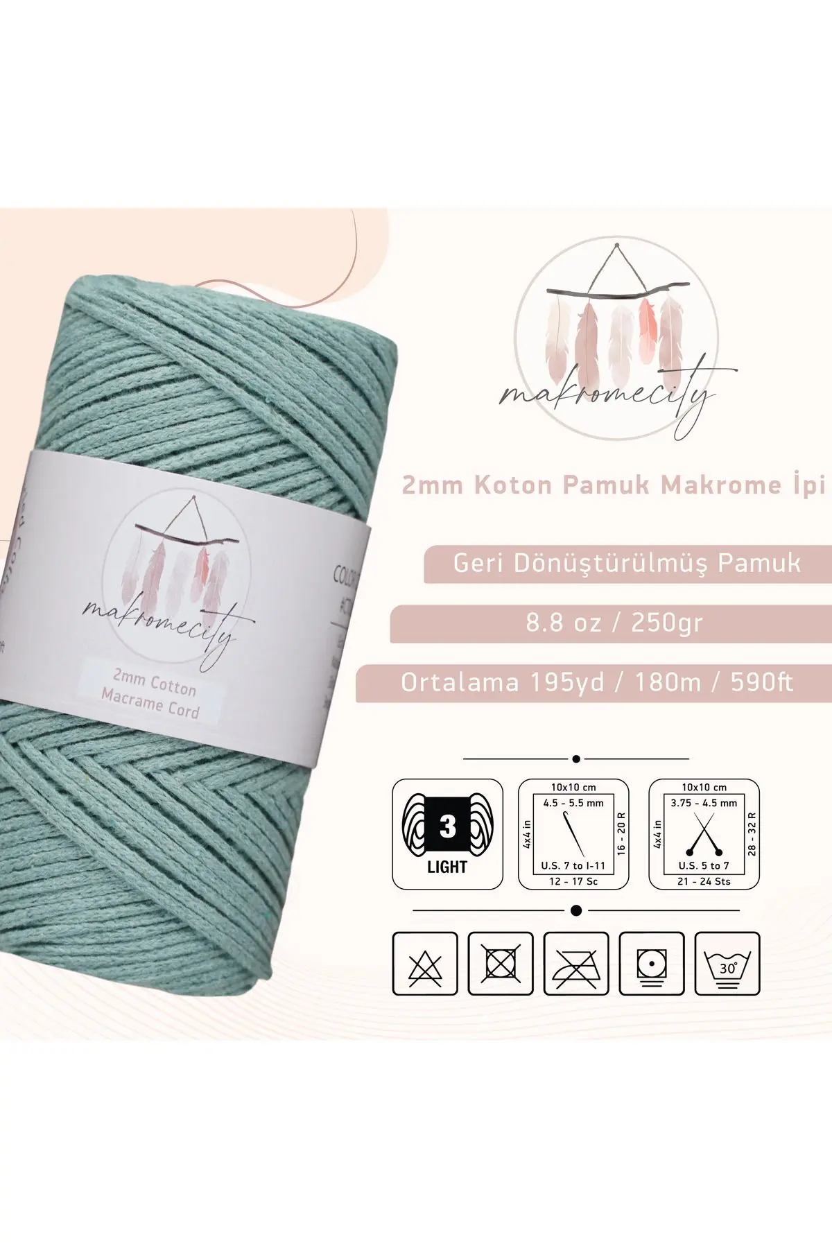 Premium Koton Pamuk Makrome Ipi Çağla Yeşil 250 gr 185 Metre 2mm Cotton Makrome Çanta Ipi Supla Ipi