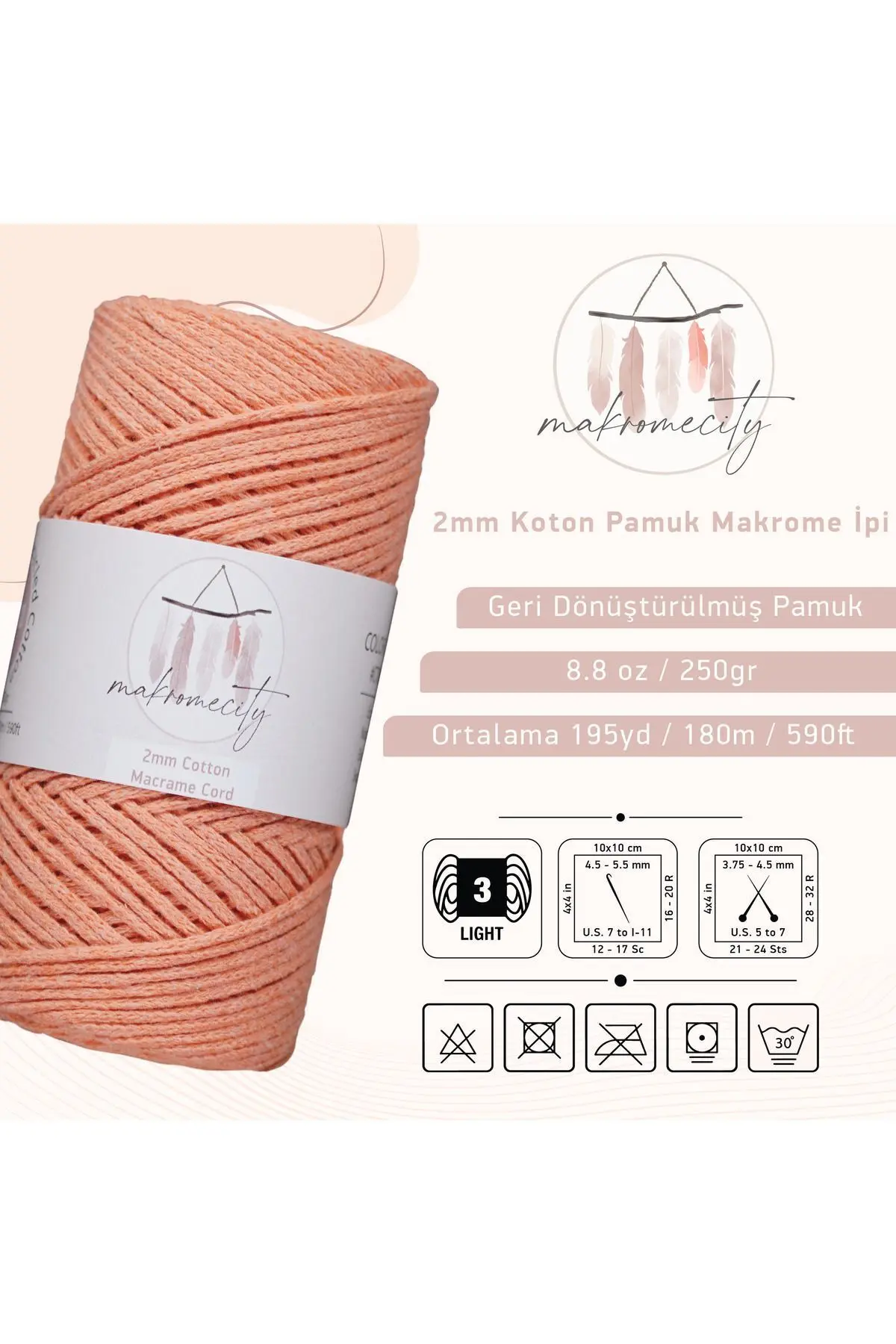 Premium Koton Pamuk Makrome İpi Somon 250 gr 185 metre 2mm Cotton Zincir Makrome Çanta İpi Supla İpi