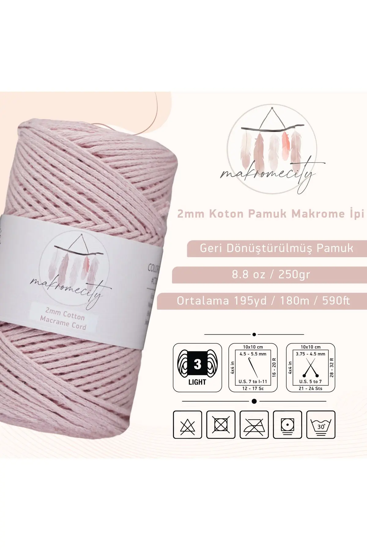 Premium Koton Pamuk Makrome İpi Bebe Pembe 250 gr 185 metre 2mm Cotton Makrome Çanta İpi Supla İpi