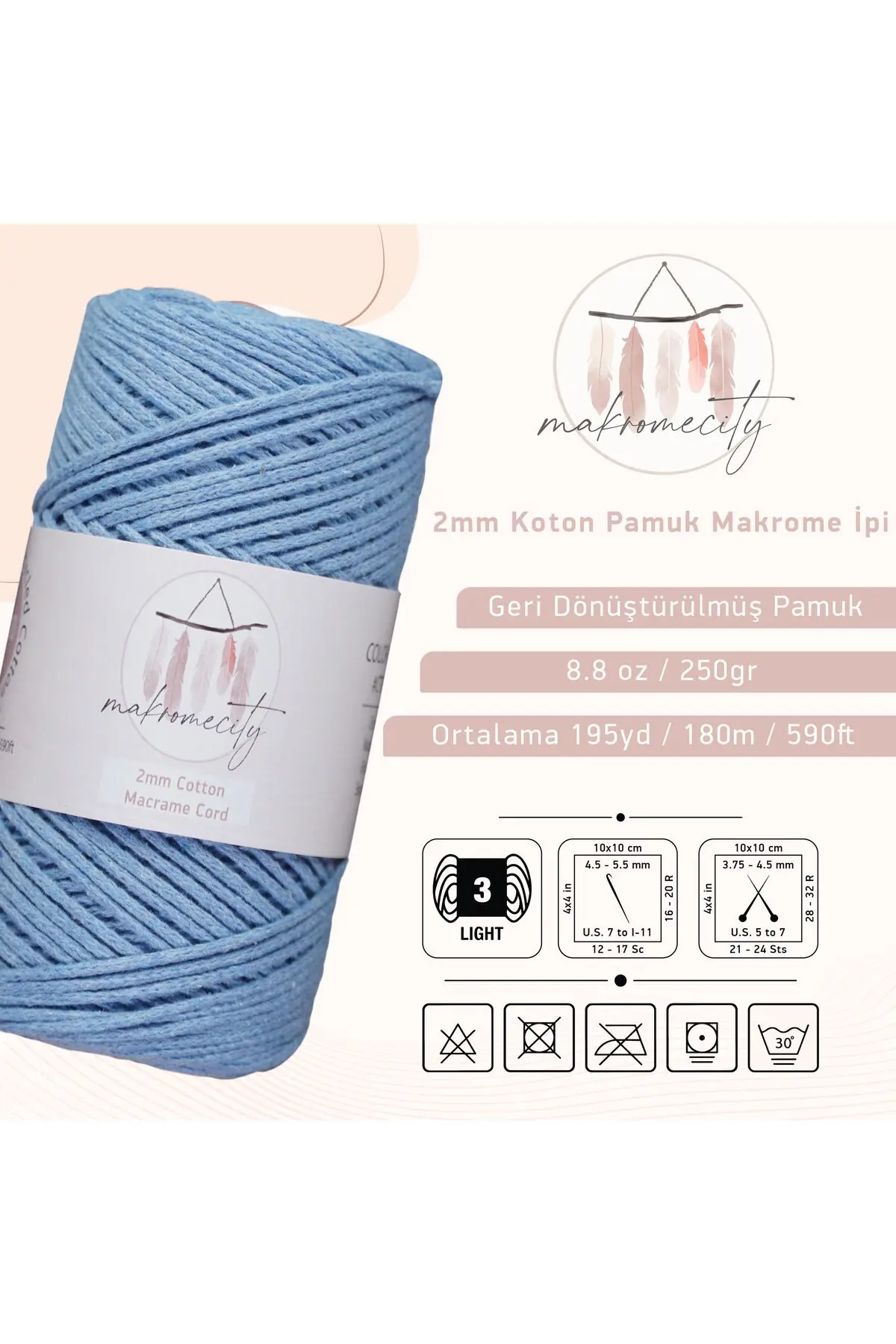 Premium Koton Pamuk Makrome İpi Bebe Mavi 250 gr 185 metre 2mm Cotton Makrome Çanta İpi Supla İpi