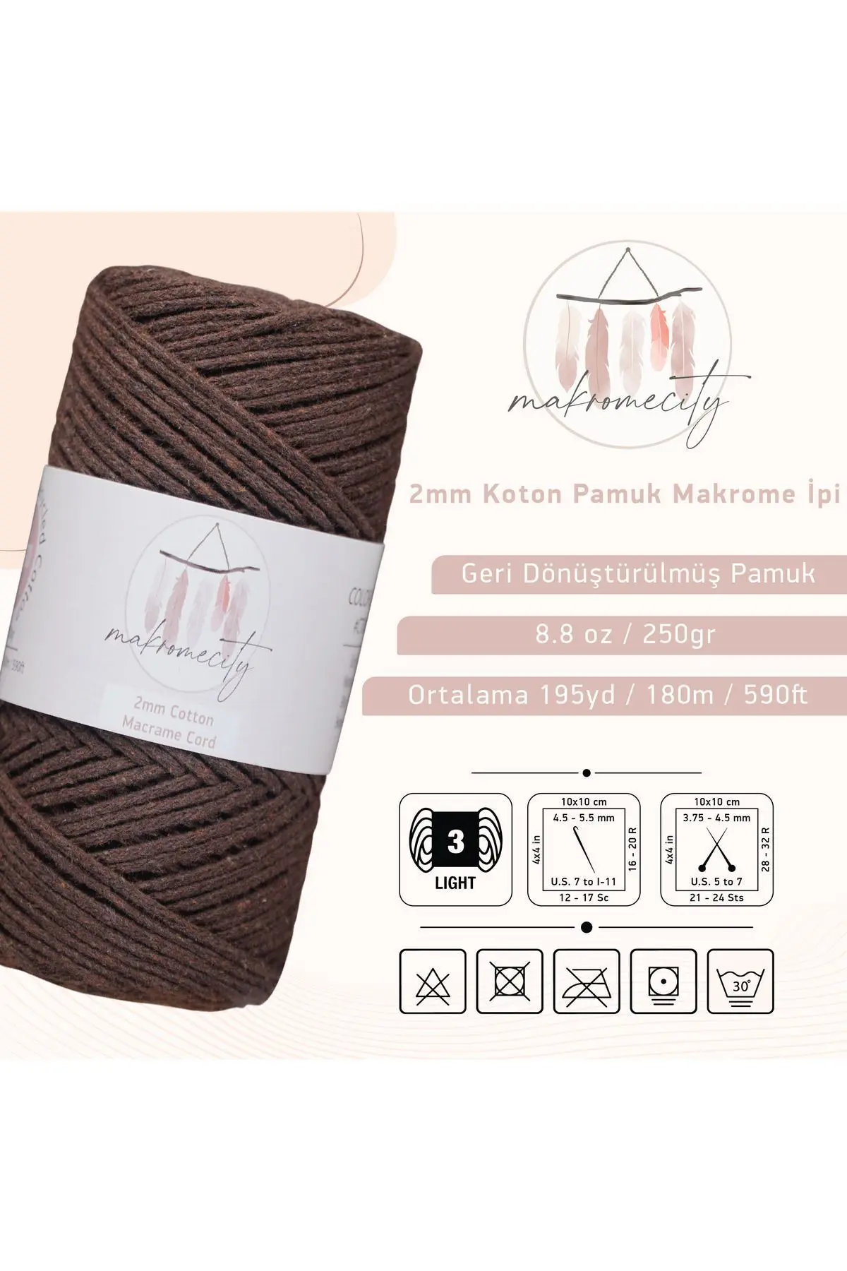Premium Koton Pamuk Makrome İpi Acı Kahve 250 gr 185 metre 2mm Cotton Makrome Çanta İpi Supla İpi