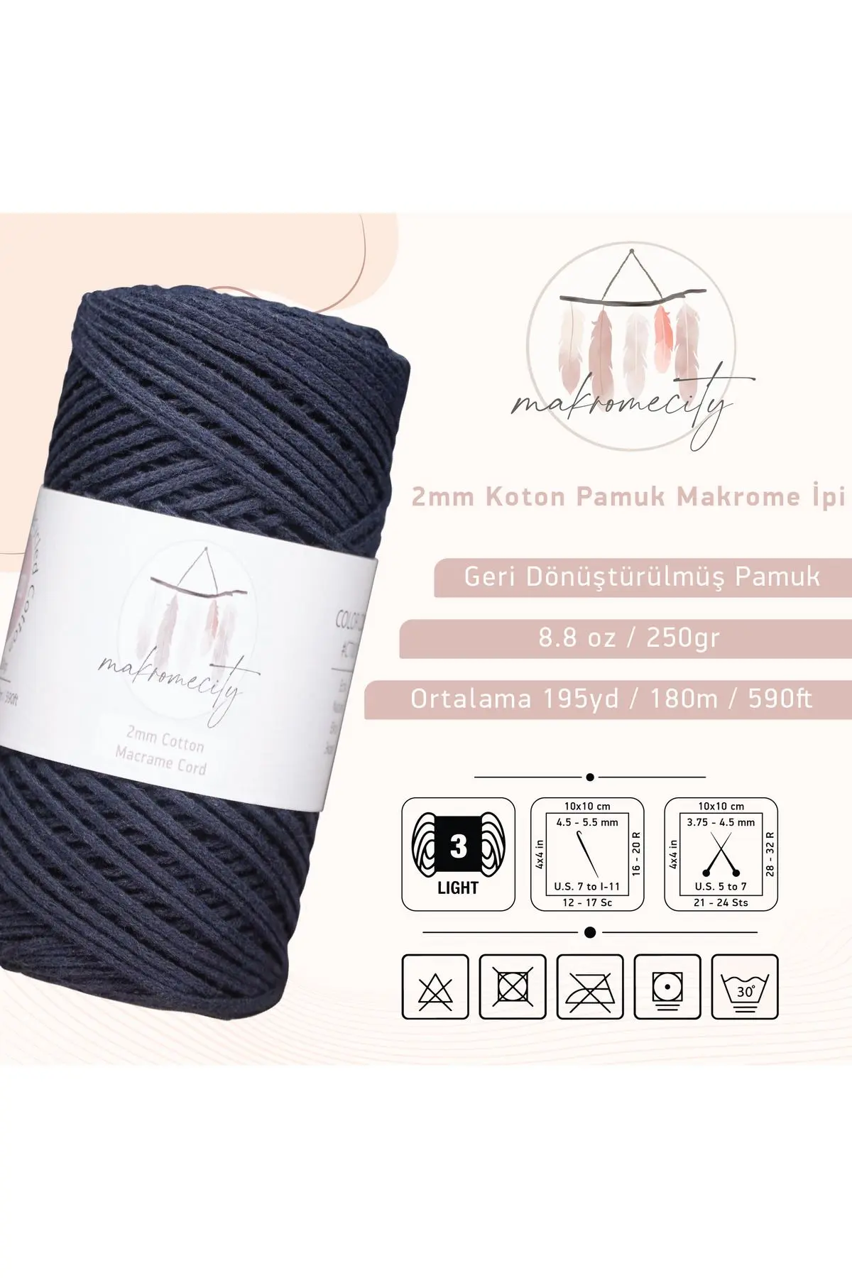 Premium Koton Pamuk Makrome Ipi Lacivert 250 gr 185 Metre 2mm Cotton Makrome Çanta Ipi Supla Ipi