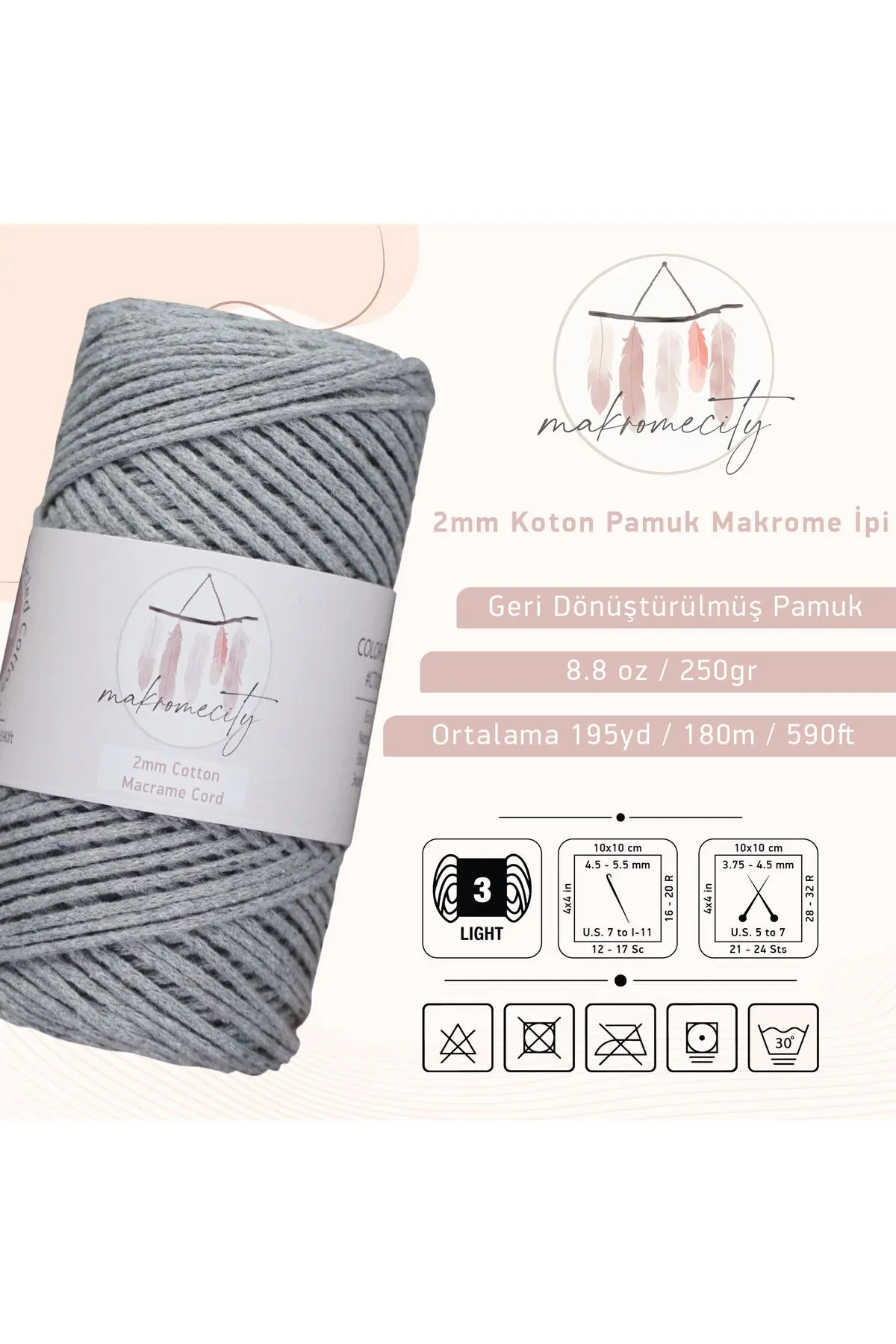 Premium Koton Pamuk Makrome İpi Gri 250 gr 185 metre 2mm Cotton Zincir Makrome Çanta İpi Supla İpi