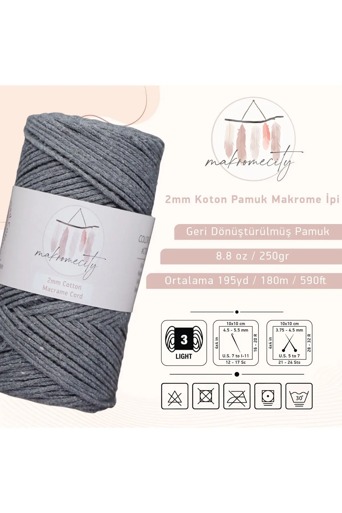 Premium Koton Pamuk Makrome İpi Koyu Gri 250 gr 185 metre 2mm Cotton Makrome Çanta İpi Supla İpi