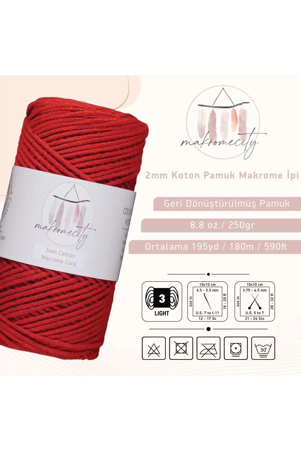 Premium Koton Pamuk Makrome İpi Kırmızı 250 gr 185 metre 2mm Cotton Makrome Çanta İpi Supla İpi