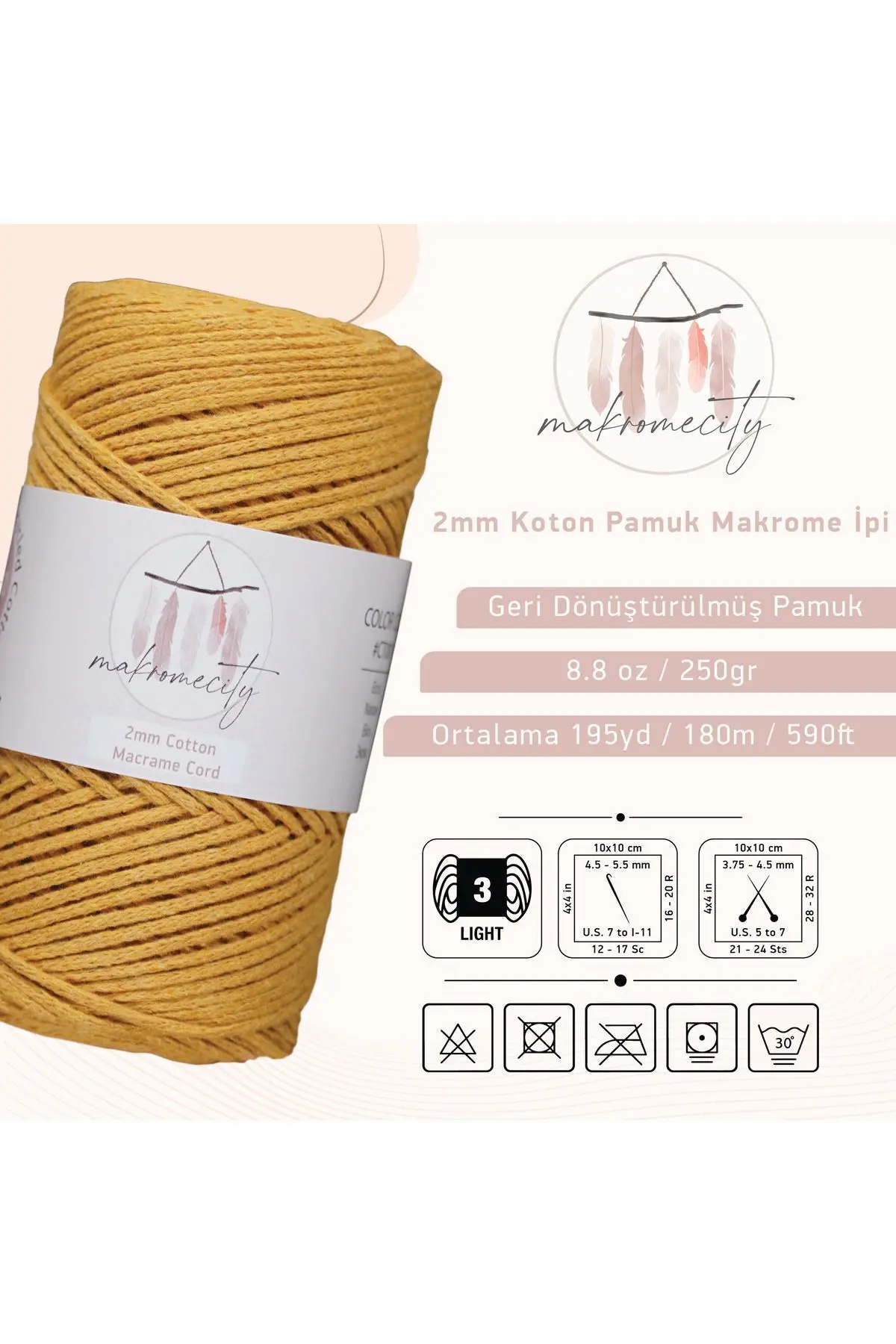 Premium Koton Pamuk Makrome İpi Hardal 250 gr 185 metre 2mm Cotton Makrome Çanta İpi Supla İpi