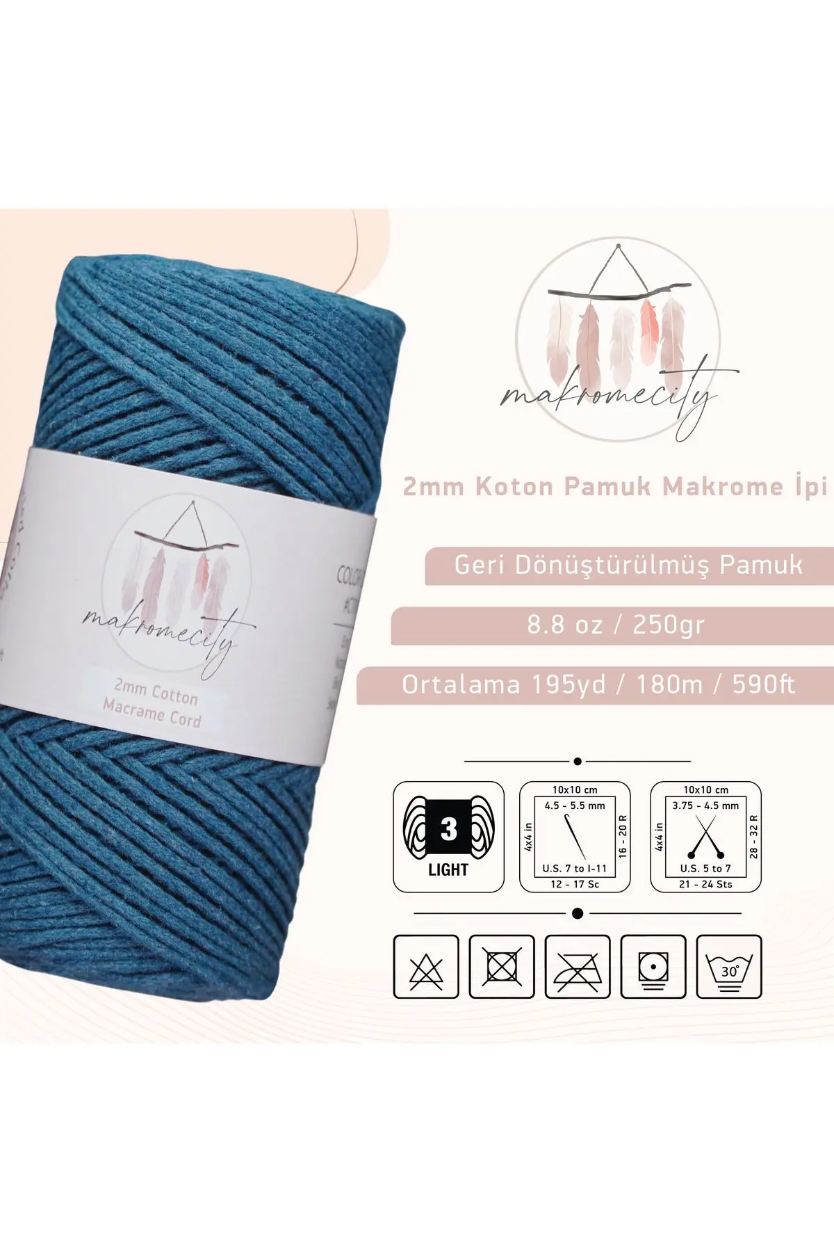 Premium Koton Pamuk Makrome Ipi Kot Mavisi 250 gr 185 Metre 2mm Cotton Makrome Çanta Ipi Supla Ipi