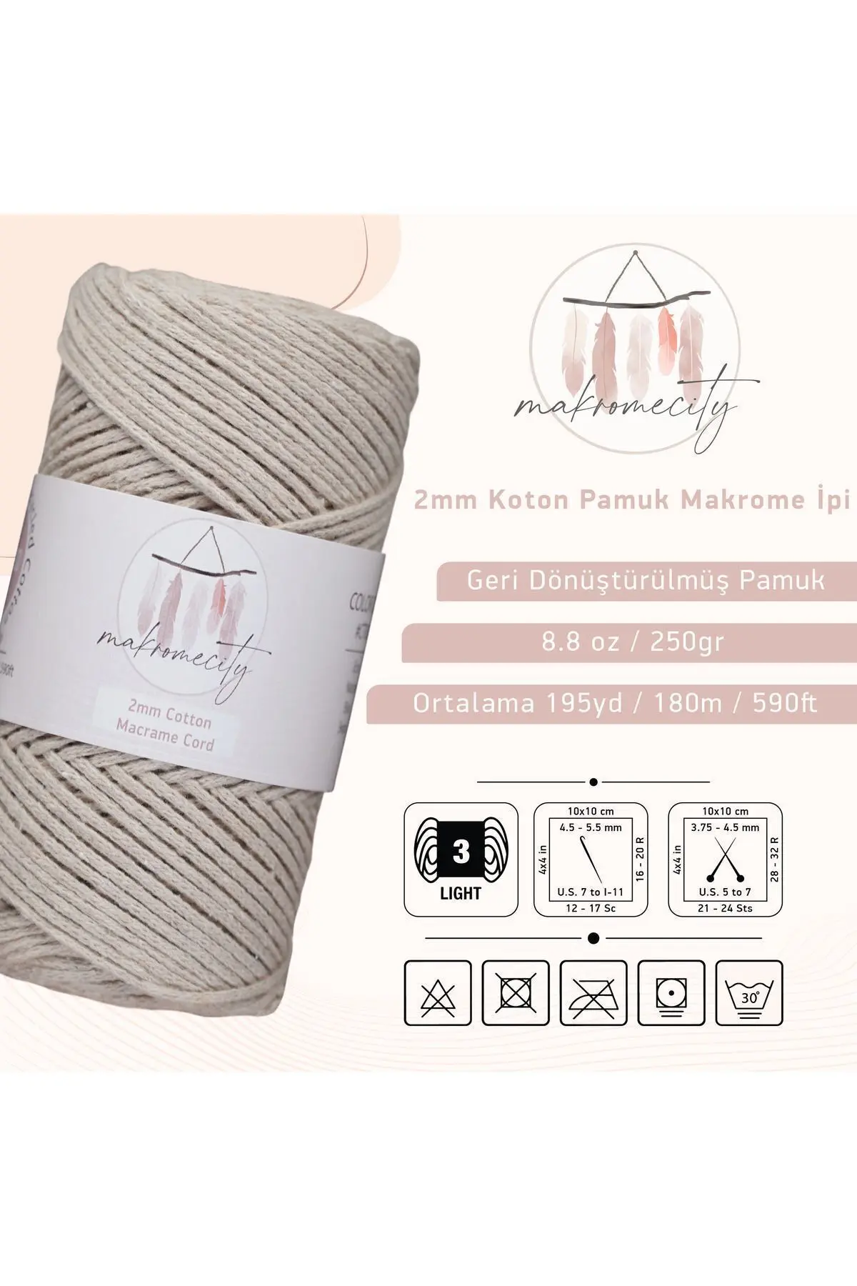 Premium Koton Pamuk Makrome İpi Sütlü Kahve 250 gr 185 metre 2mm Cotton Makrome Çanta İpi Supla İpi