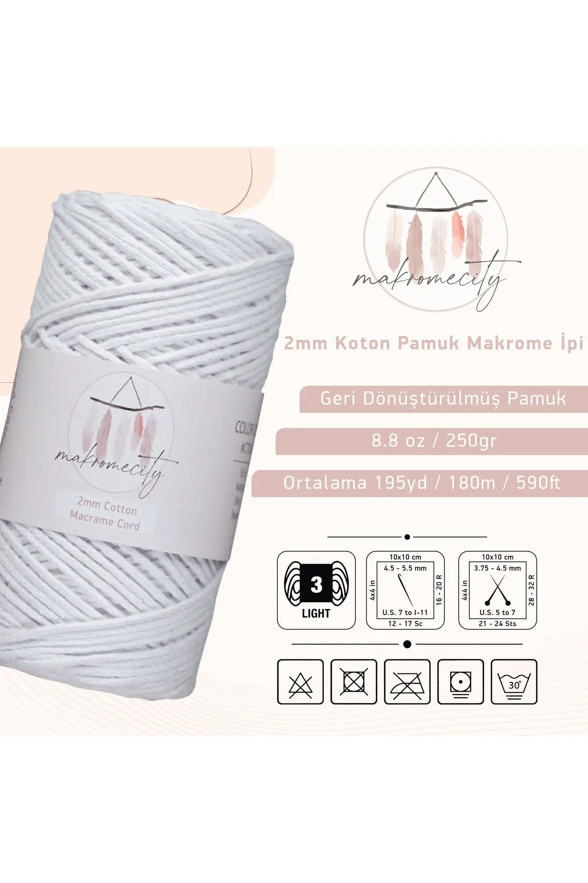 Premium Koton Pamuk Makrome İpi Beyaz 250 gr 185 metre 2mm Cotton Zincir Makrome Çanta İpi Supla İpi