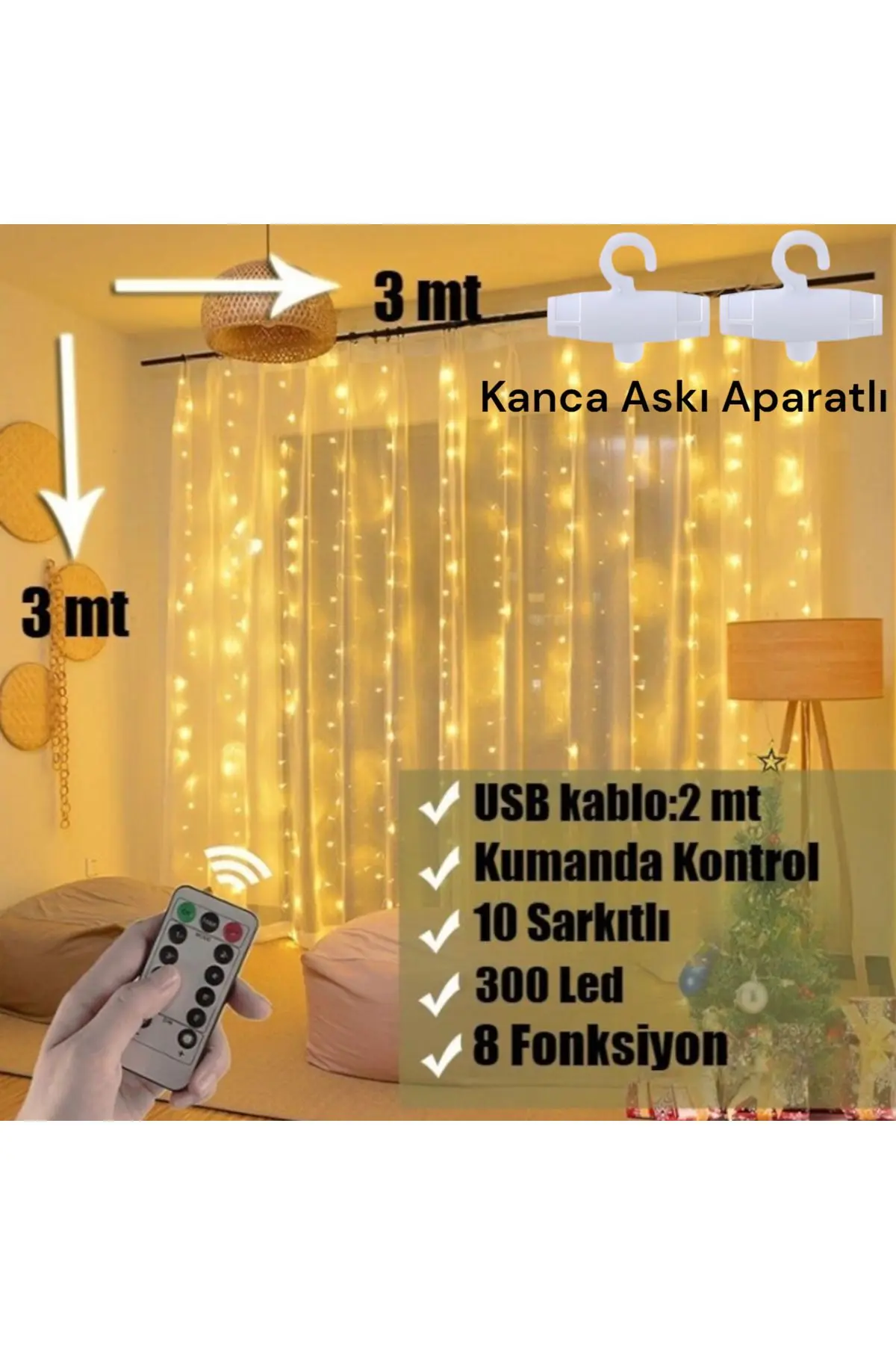nextbuy Perde Led Işıkları Süsleme Usb Uzaktan Kumanda 8 Mod Işık Zinciri 10 Saçaklı Kanca Aparatlı
