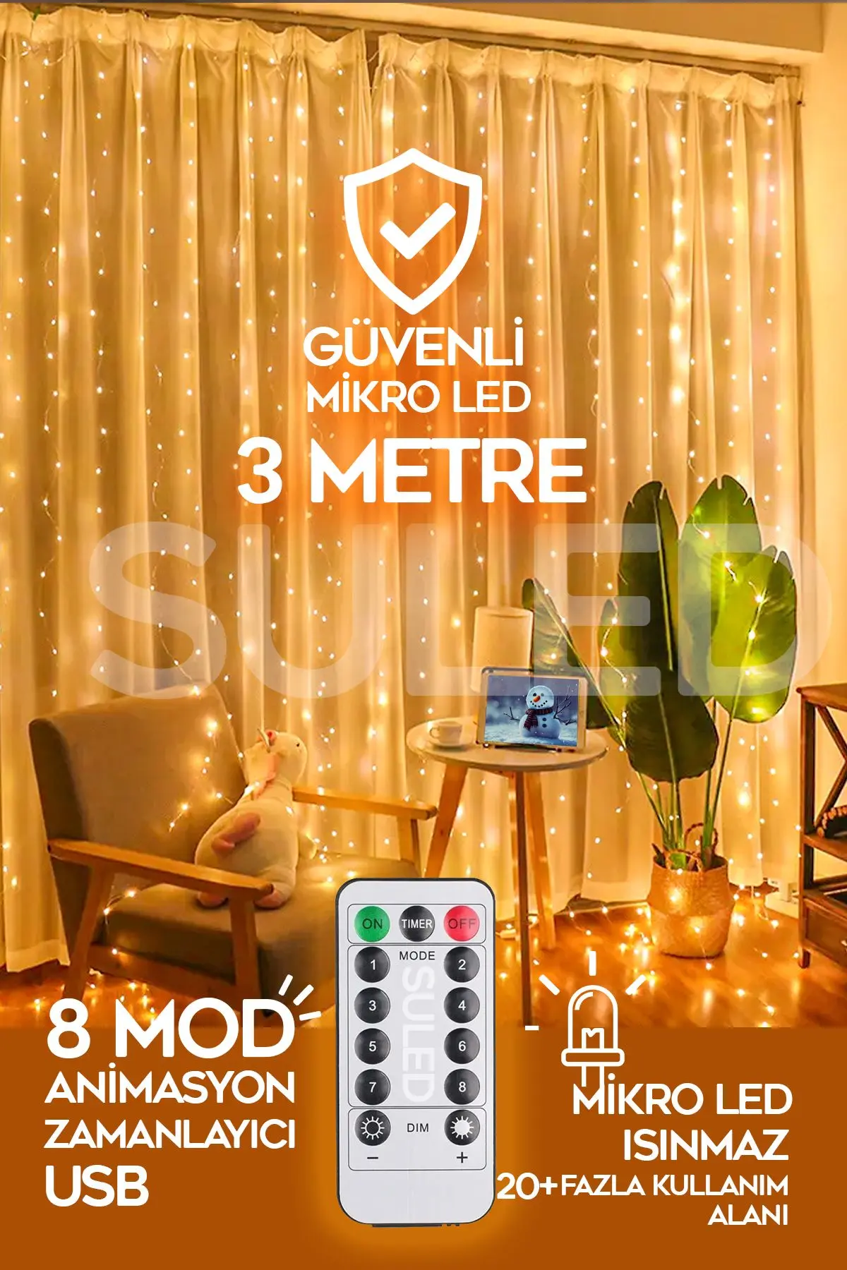 SULED Perde Led 3x3 Metre Kumandalı 8 Mod Ambiyans Ayarlabilir Boy Dekor Mikro Led Işık Perde