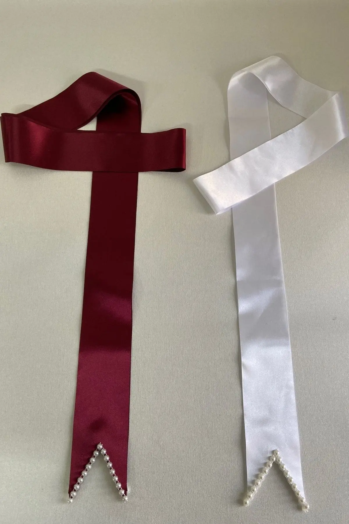 Bordo Beyaz Sade Incili Gelin Damat Takı Kurdele, Nişan Düğün Takı Kemeri