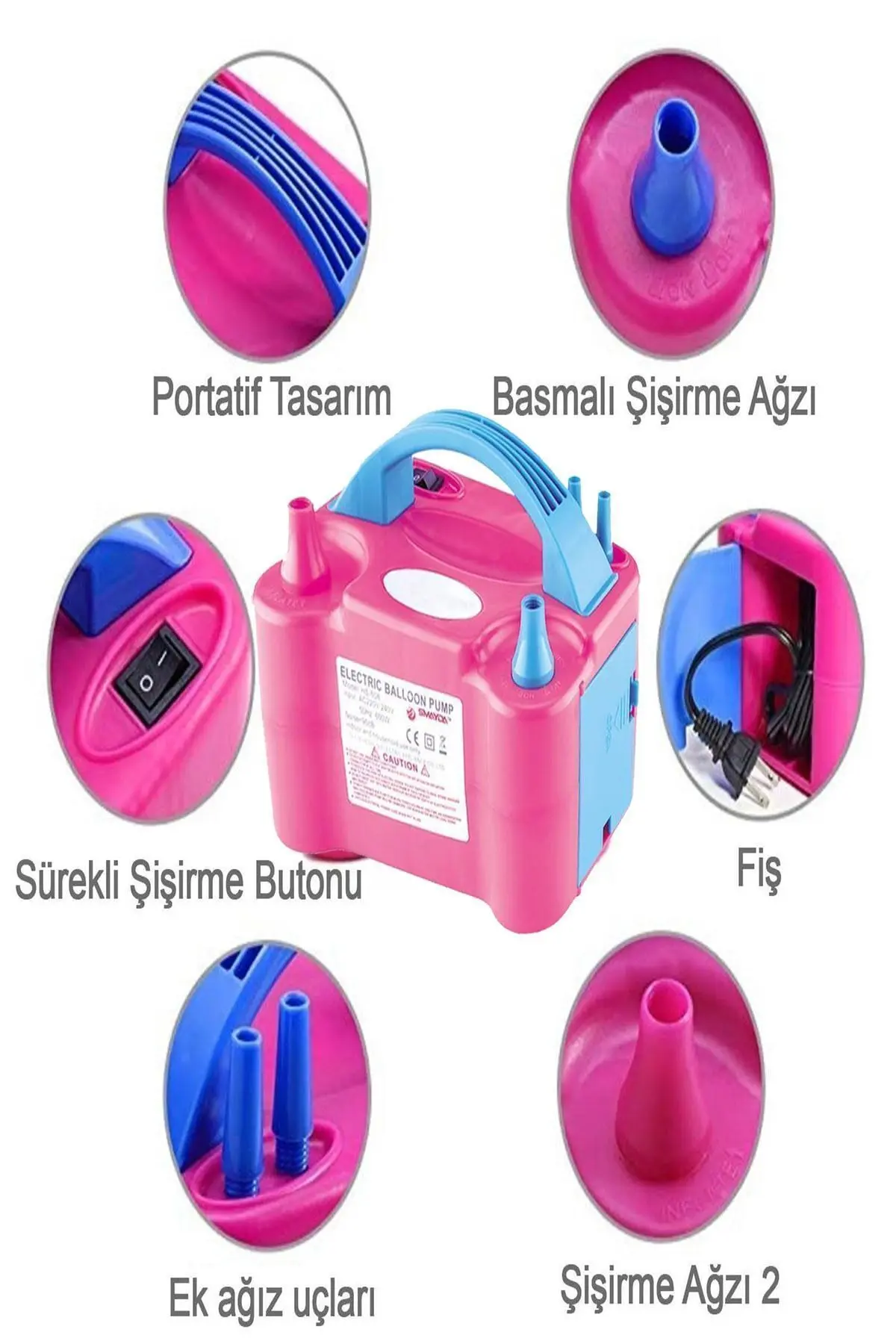Çift Çıkışlı Balon Şişirme Makinası, Elektrikli Balon Pompası 73005 Pembe Mavi